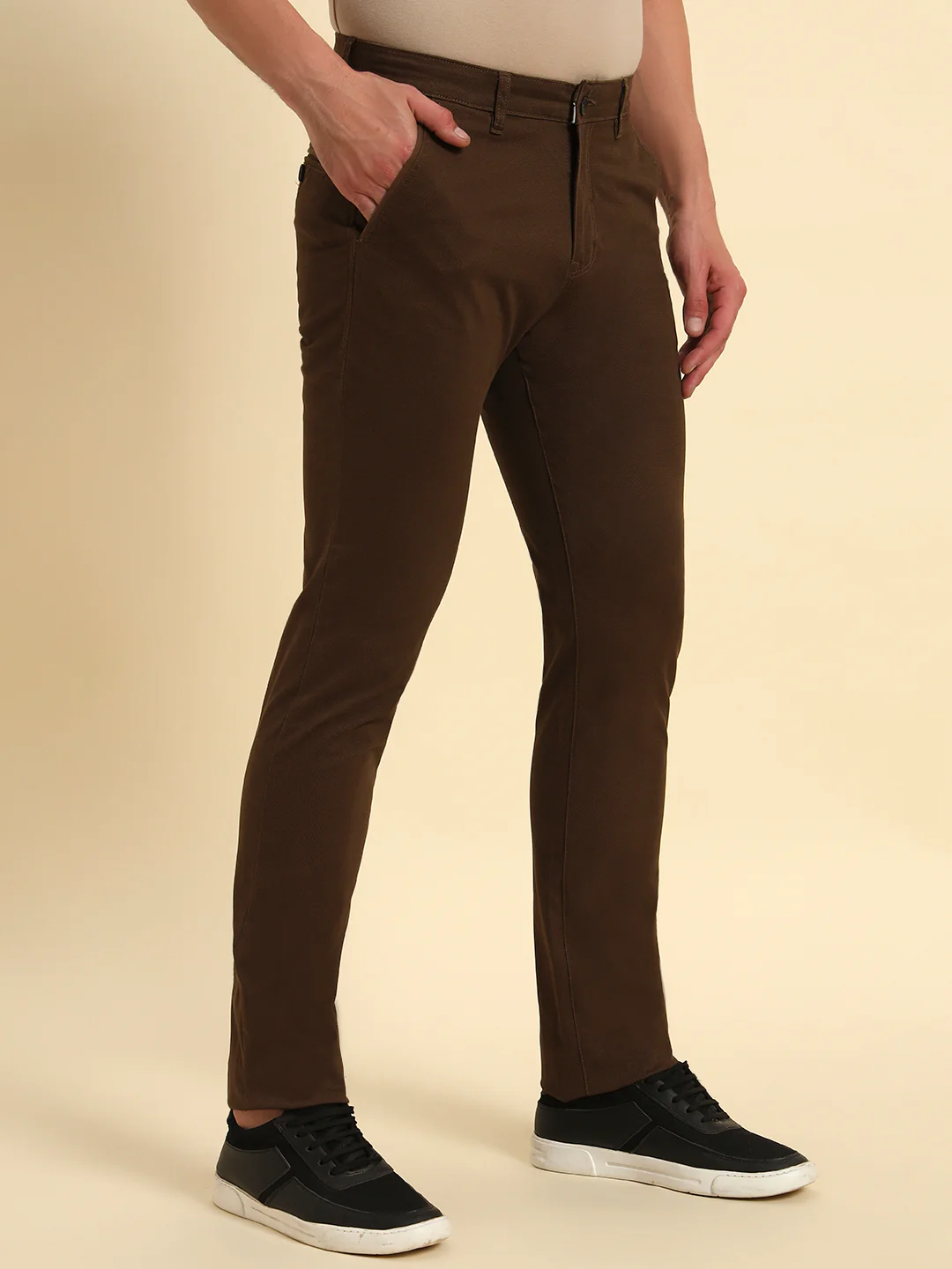 Casual Trouser for Men | Breathable & Soft with Color Fastness Regular Fit Cotton Blend Fabric Self Design Pattern Button Closure - Image 7