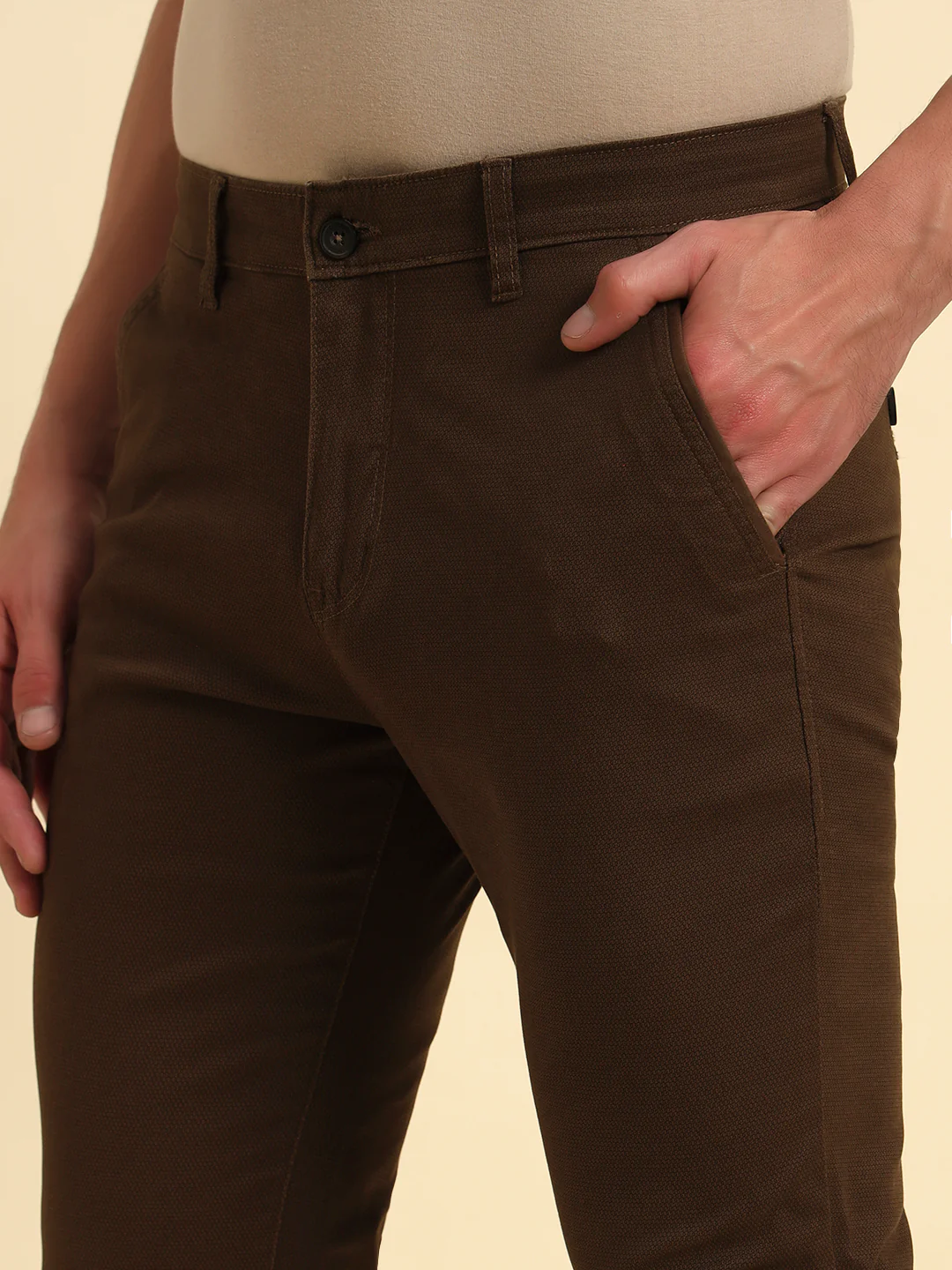 Casual Trouser for Men | Breathable & Soft with Color Fastness Regular Fit Cotton Blend Fabric Self Design Pattern Button Closure - Image 8