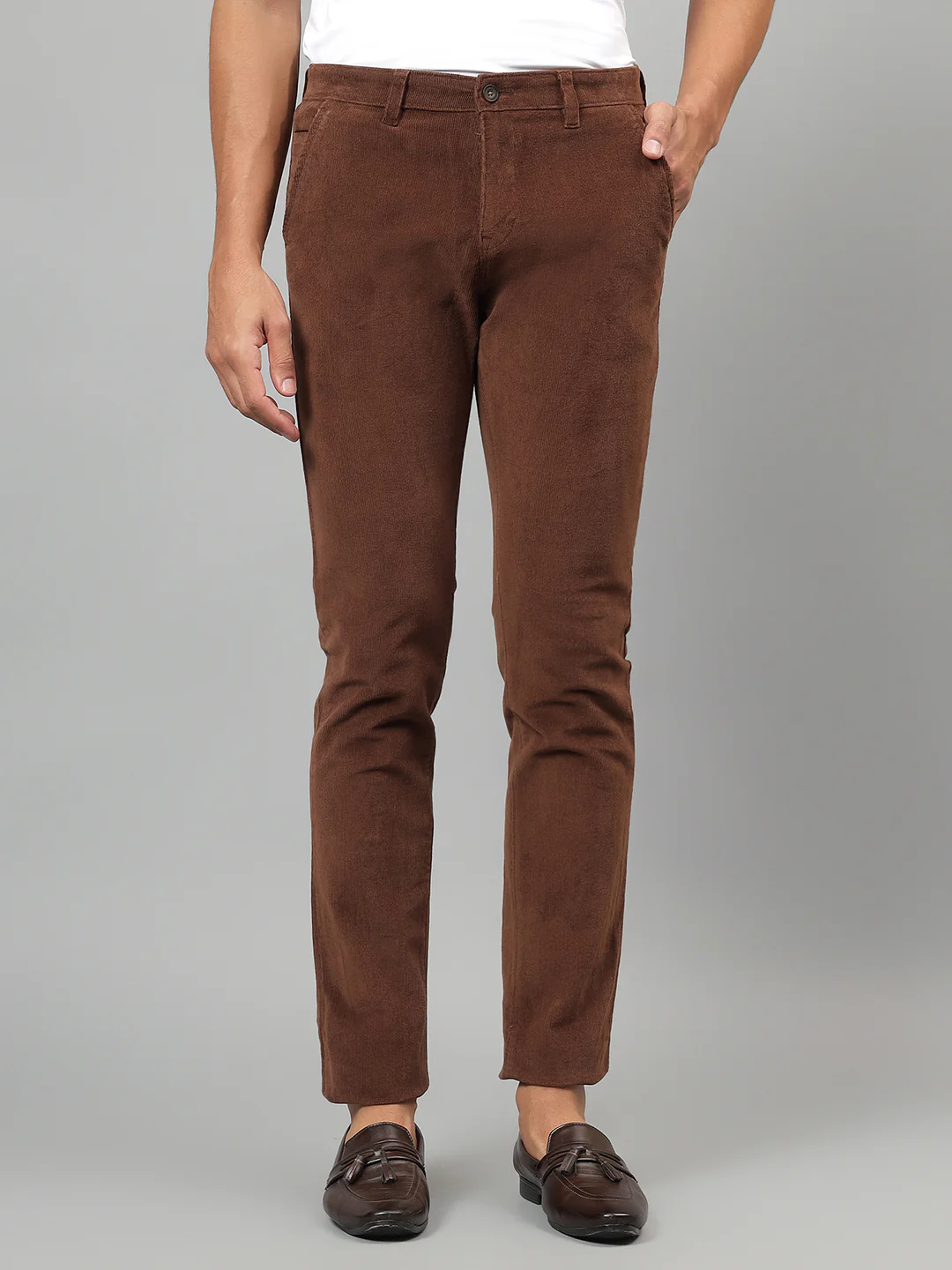 Casual Trouser for Men | Breathable & Soft with Color Fastness Regular Fit Cotton Blend Fabric Self Design Pattern Button Closure - Image 2