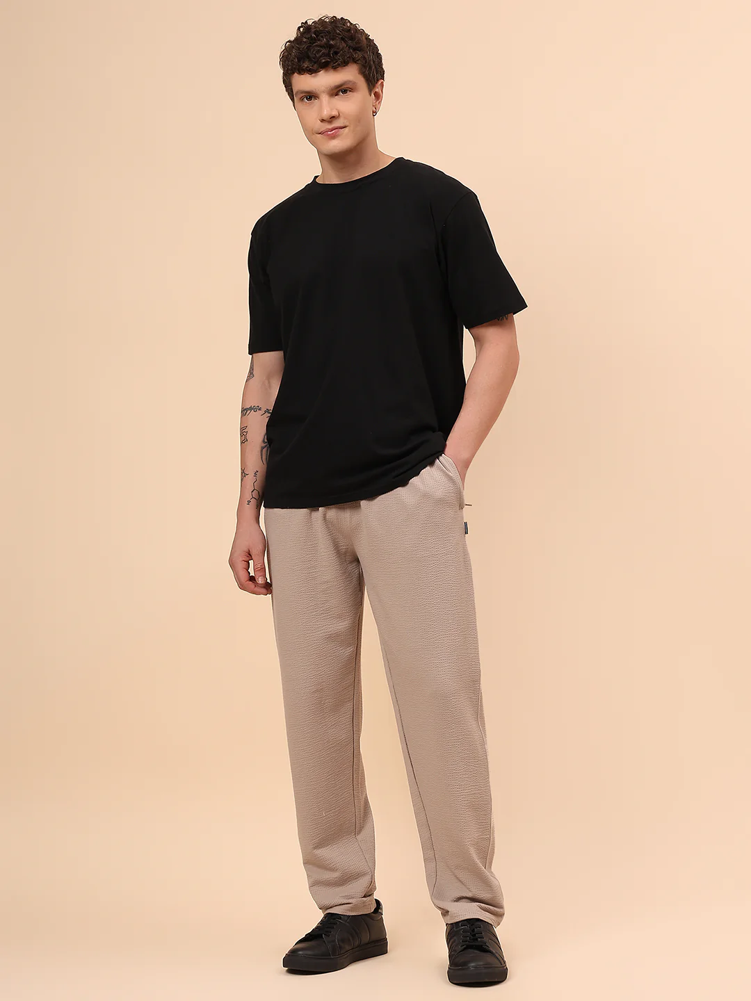 Men's Brown Self Design Regular Fit Casual Track Pant - Image 2