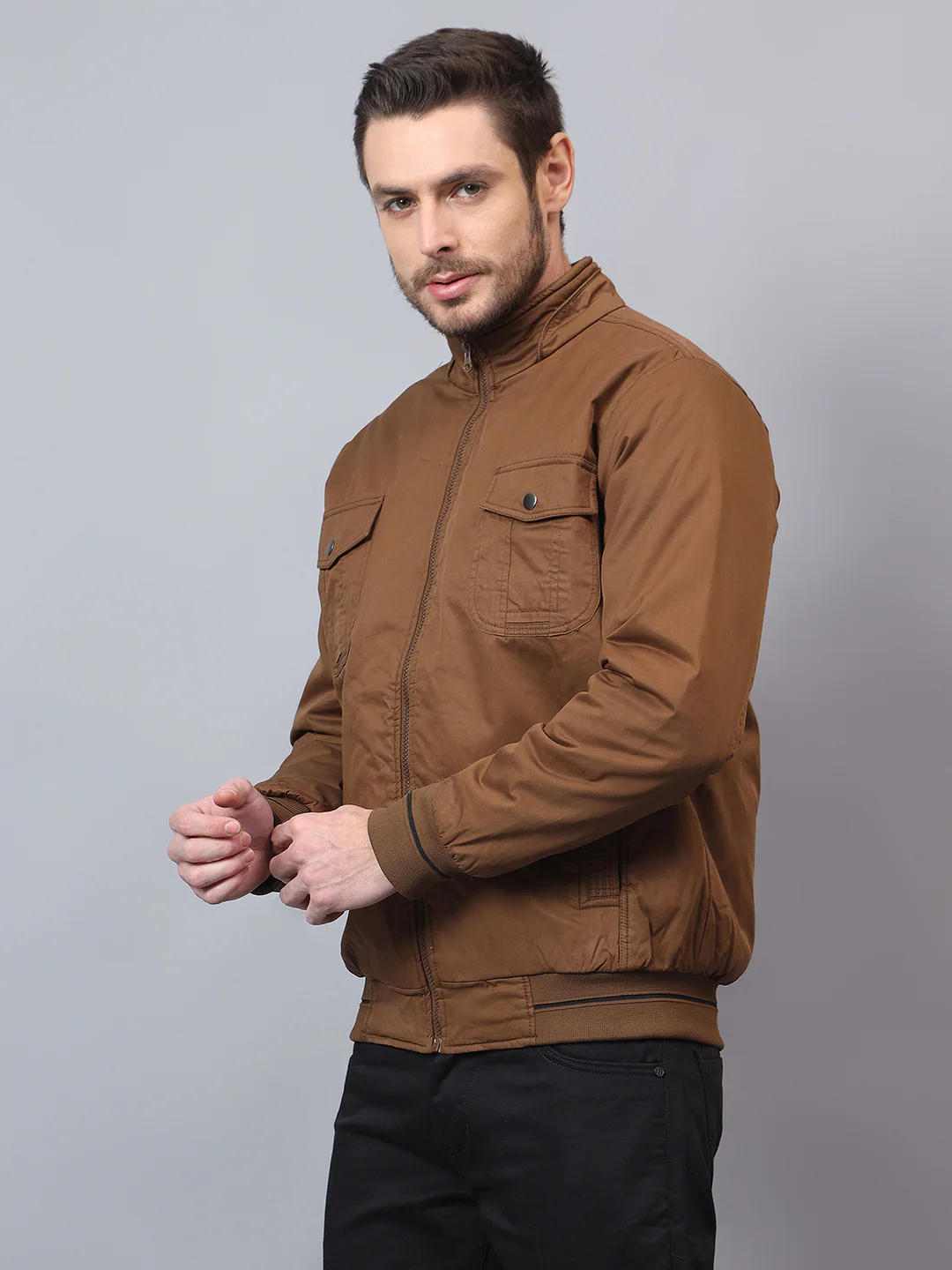 Men's Brown Solid Mock Neck Winter Jacket - Image 2