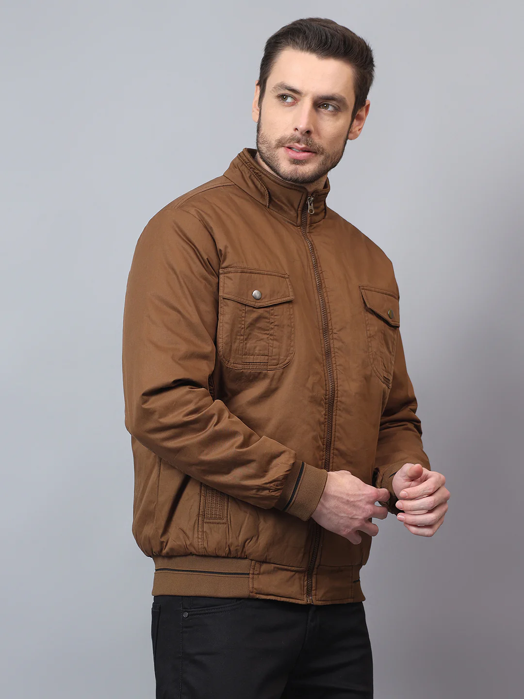 Men's Brown Solid Mock Neck Winter Jacket - Image 3