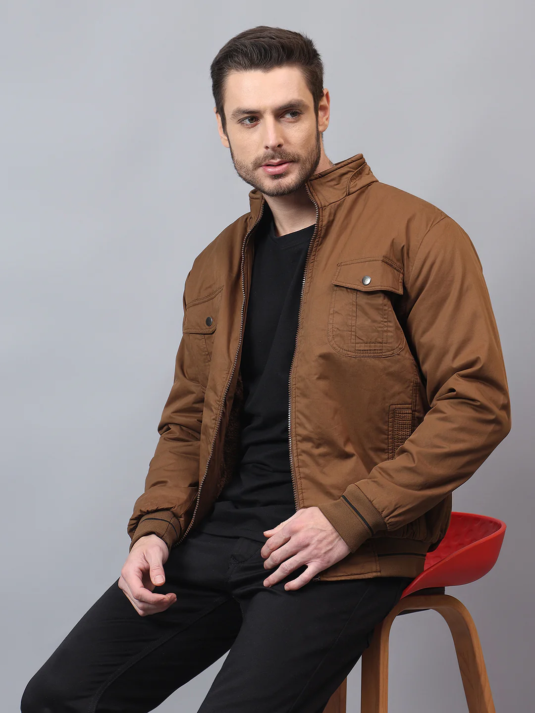Men's Brown Solid Mock Neck Winter Jacket - Image 4