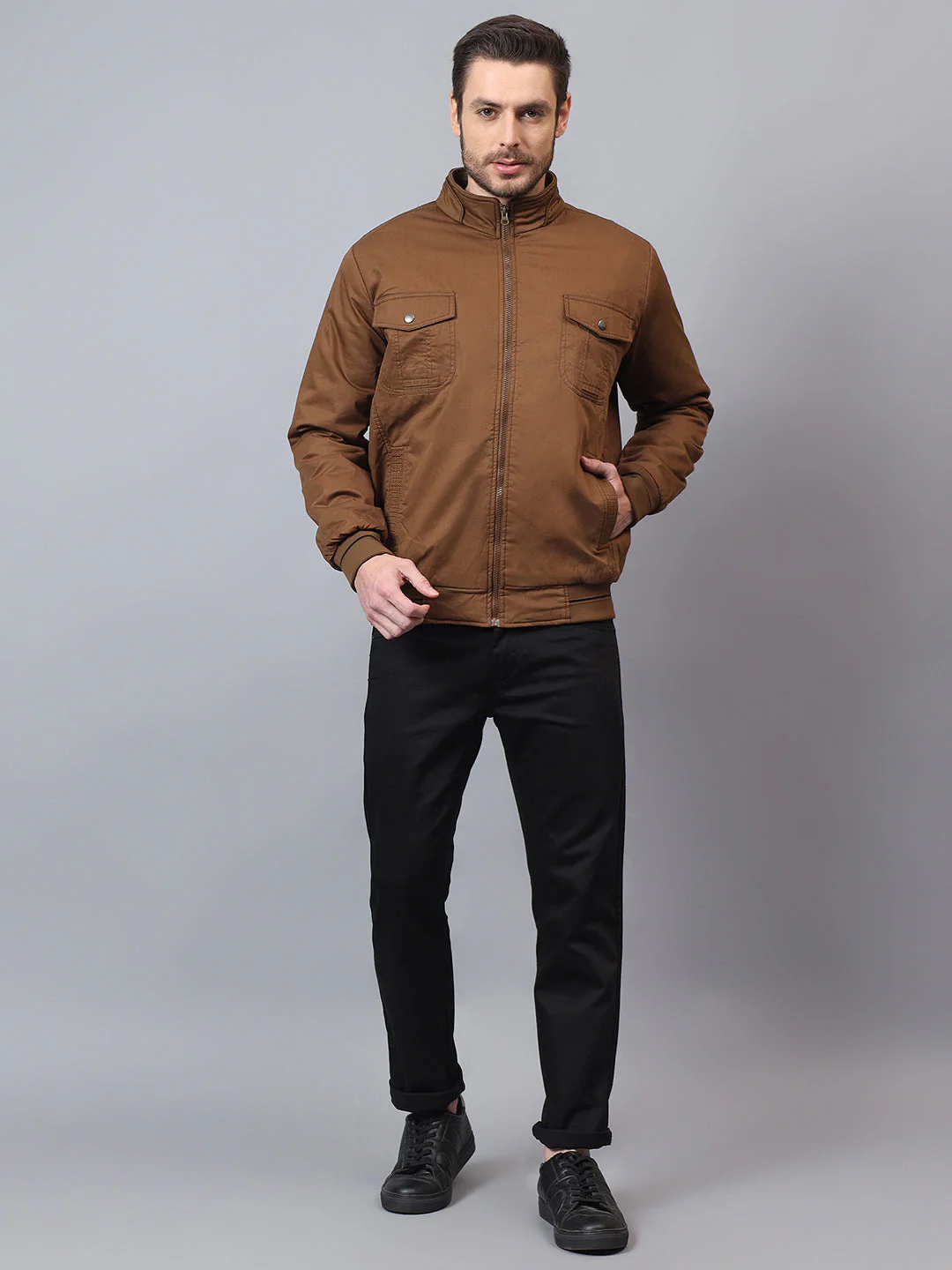 Men's Brown Solid Mock Neck Winter Jacket - Image 5