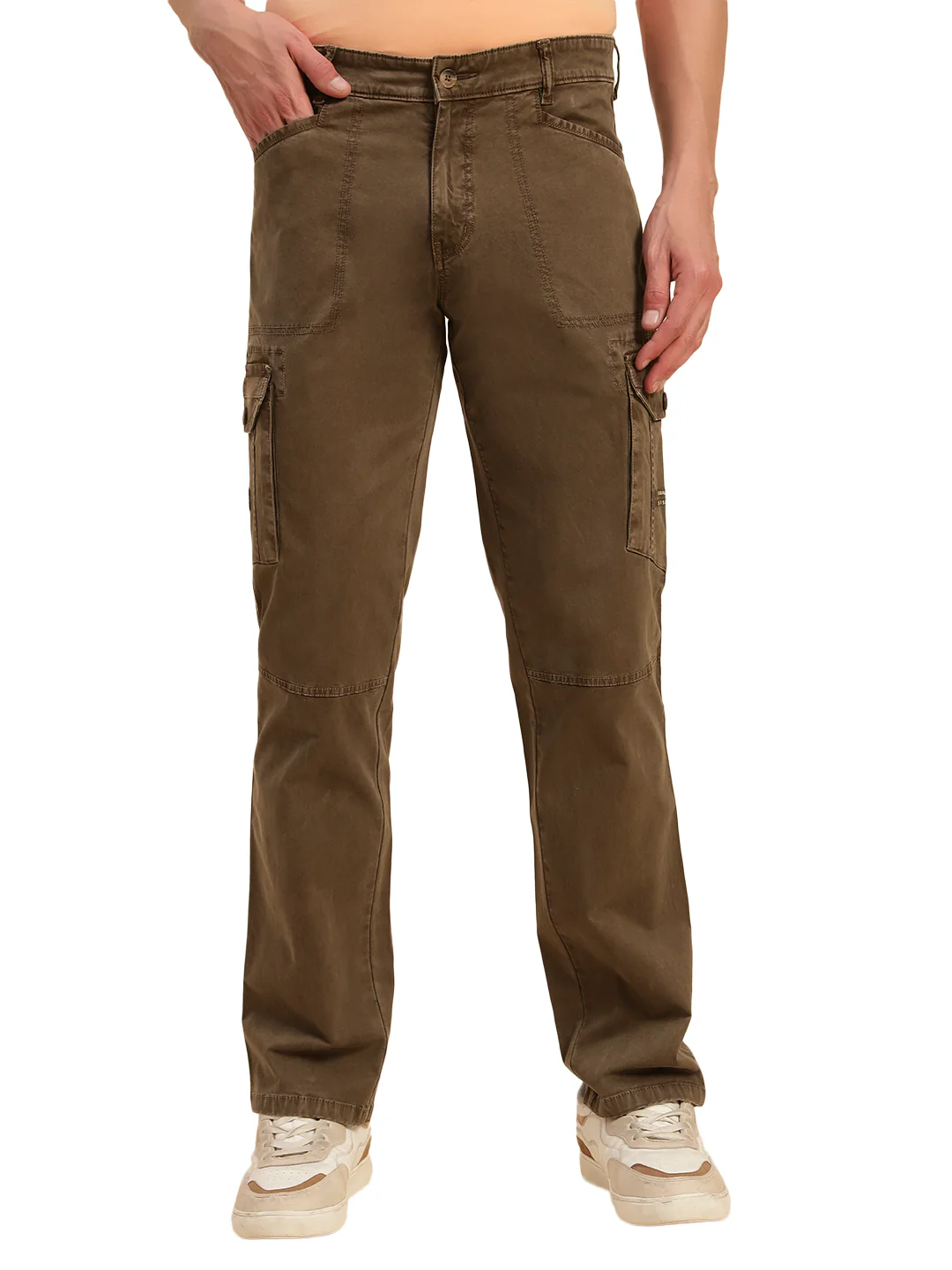 Men's Brown Solid Regular Fit Casual Cargo - Image 3