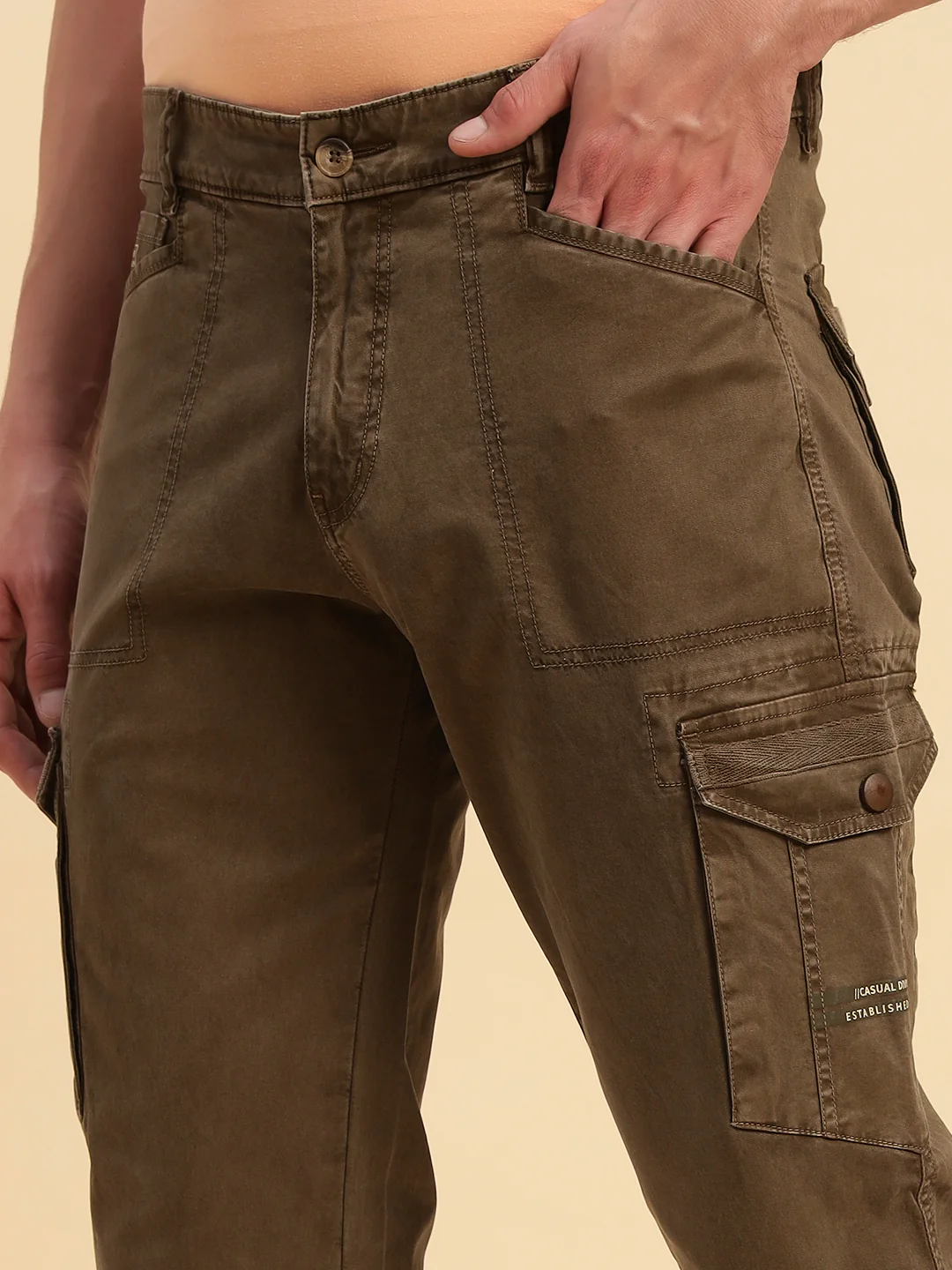 Men's Brown Solid Regular Fit Casual Cargo - Image 5