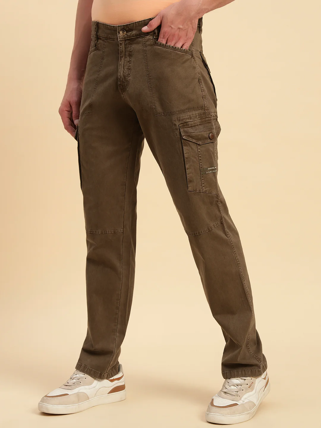 Men's Brown Solid Regular Fit Casual Cargo - Image 6