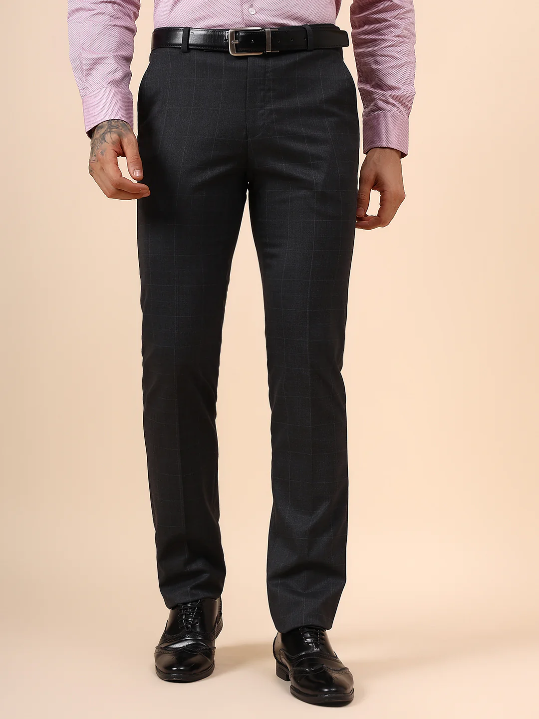 Men's Charcoal Checkered Non Plated Regular Fit Formal Trouser - Image 2