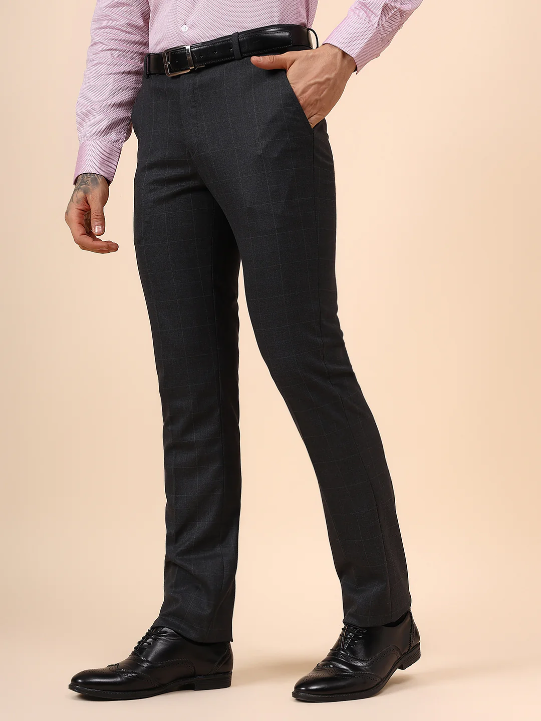 Men's Charcoal Checkered Non Plated Regular Fit Formal Trouser - Image 3