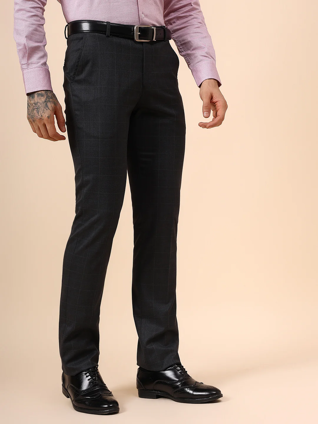 Men's Charcoal Checkered Non Plated Regular Fit Formal Trouser - Image 4