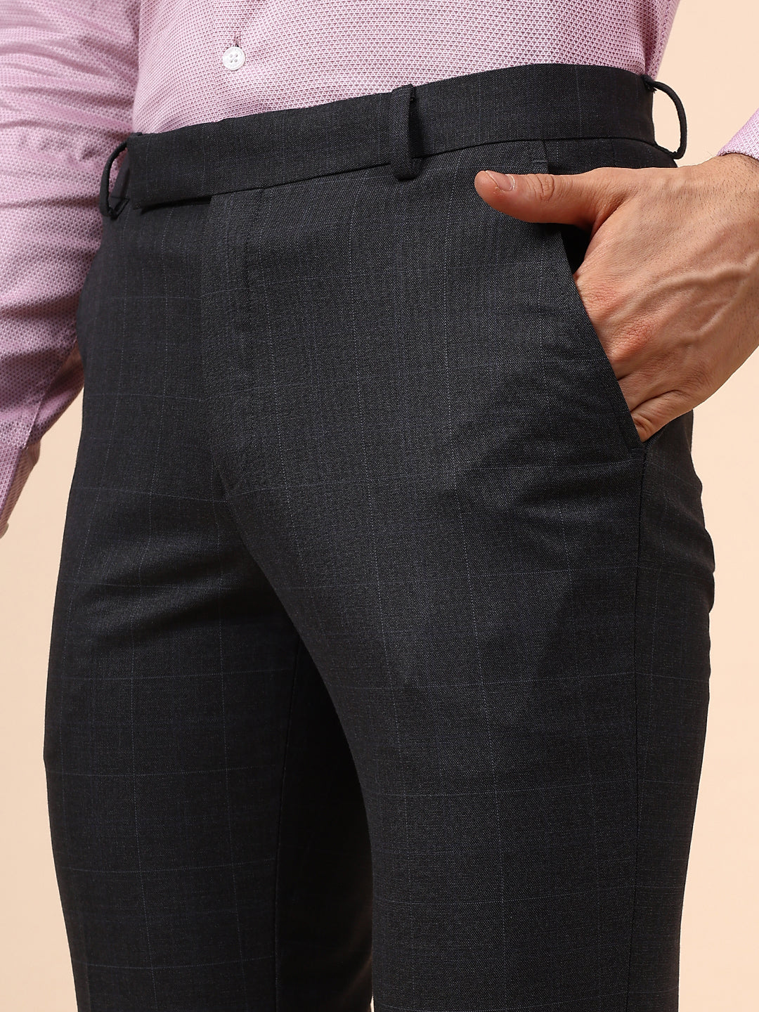 Men's Charcoal Checkered Non Plated Regular Fit Formal Trouser - Image 6