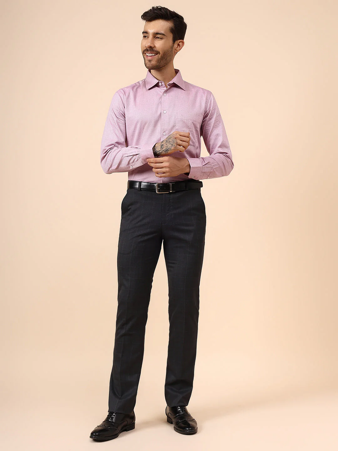 Men's Charcoal Checkered Non Plated Regular Fit Formal Trouser - Image 7