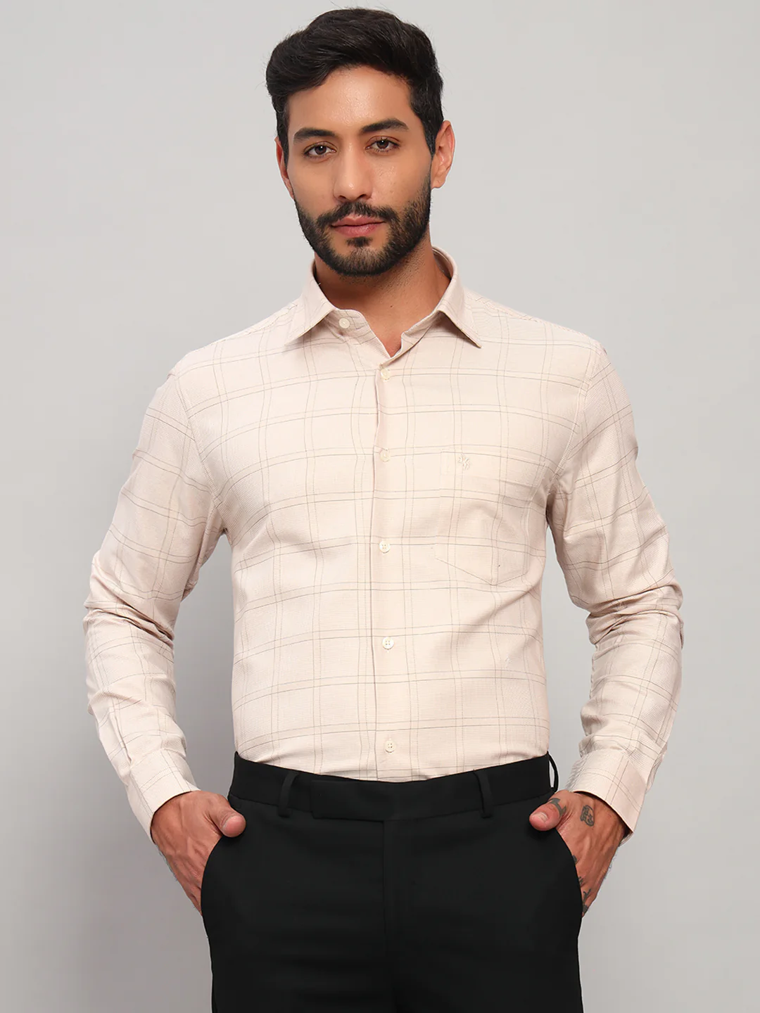 Formal Shirt for Men l Breathable & Soft with Color Fastness Regular Fit Spread Collar Neck Cotton Fabric Checkered Pattern - Image 3