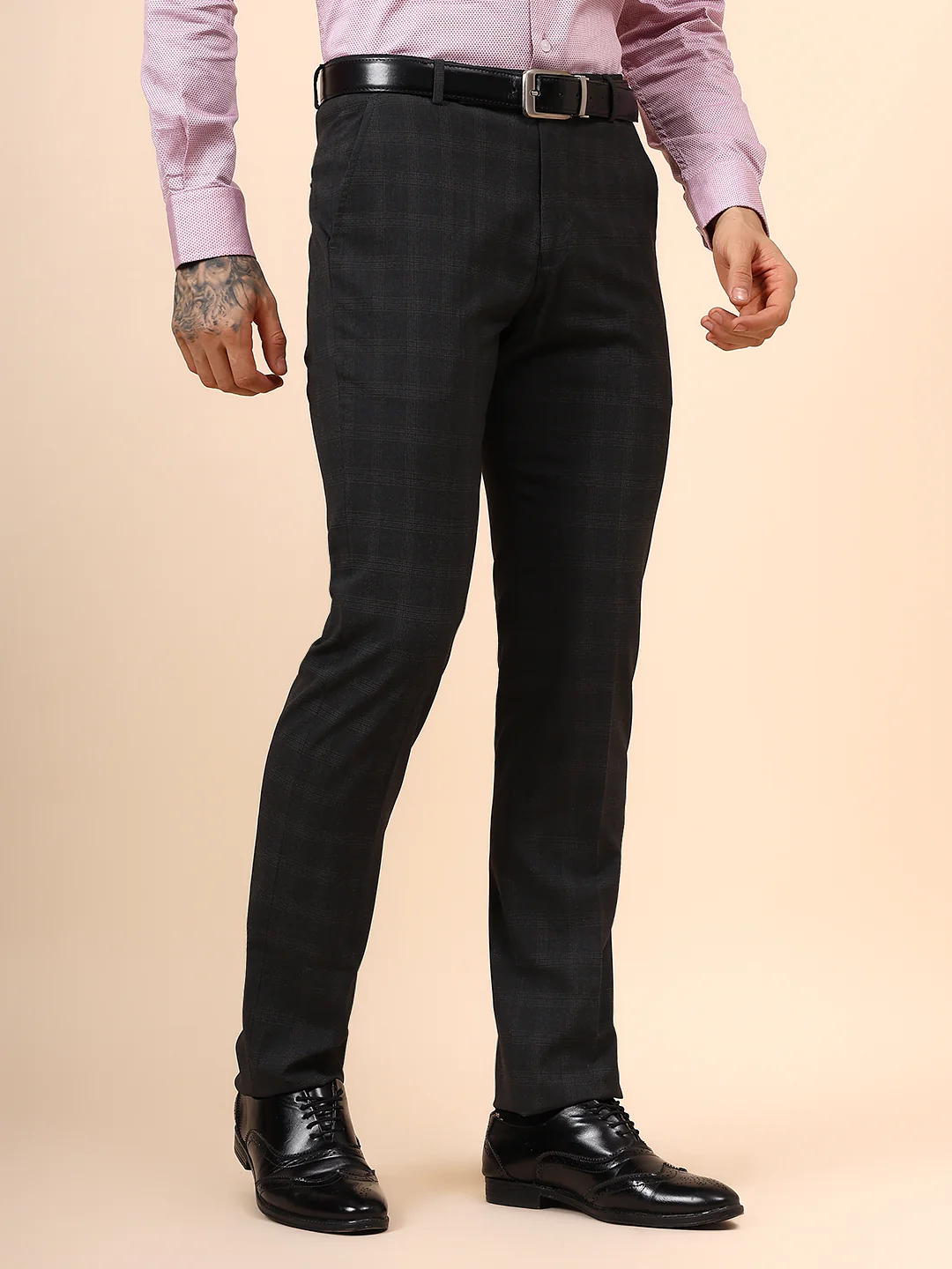 Men's Checkered Dark Grey Non Plated Regular Fit Formal Trouser - Image 5