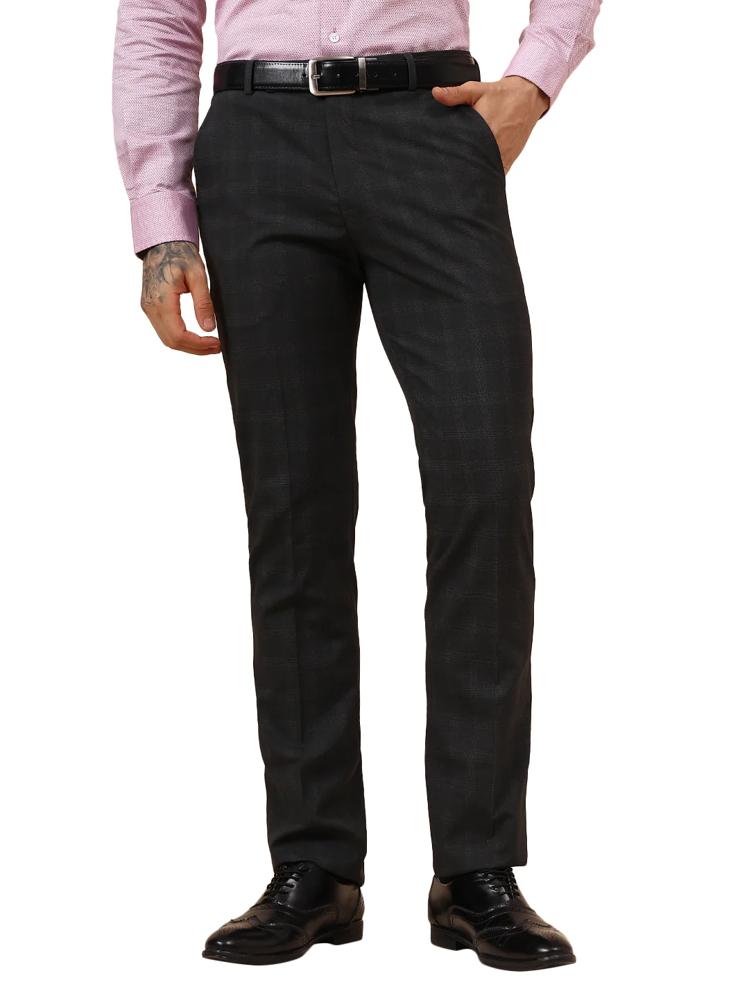 Men's Checkered Dark Grey Non Plated Regular Fit Formal Trouser - Image 9