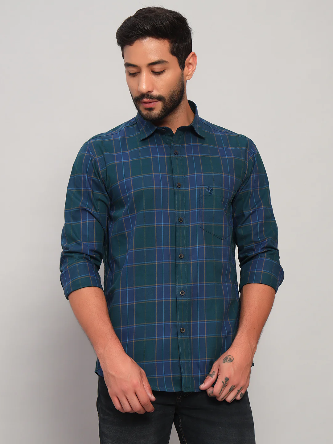 Casual Shirt for Men | Breathable & Soft with Color Fastness Regular Fit Spread Collar Neck Cotton Fabric Checkered Pattern - Image 3