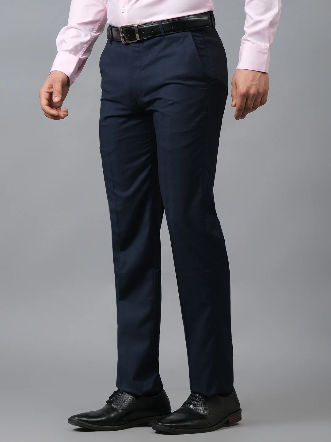 Men's Checkered Navy Blue Non Pleated Regular Fit Formal Trouser - Image 3
