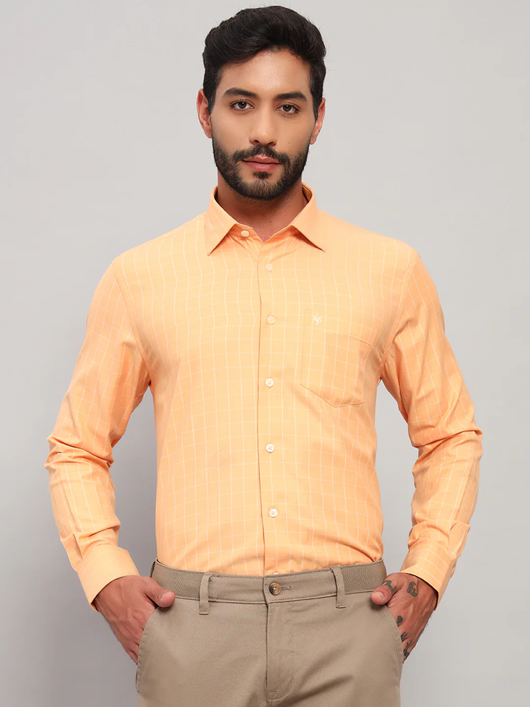 Formal Shirt for Men l Breathable & Soft with Color Fastness Regular Fit Spread Collar Neck Cotton Blend Fabric Checkered Pattern - Image 3