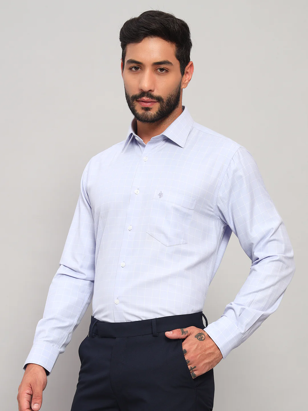 Formal Shirt for Men l Breathable & Soft with Color Fastness Regular Fit Spread Collar Neck Cotton Blend Fabric Checkered Pattern - Image 4