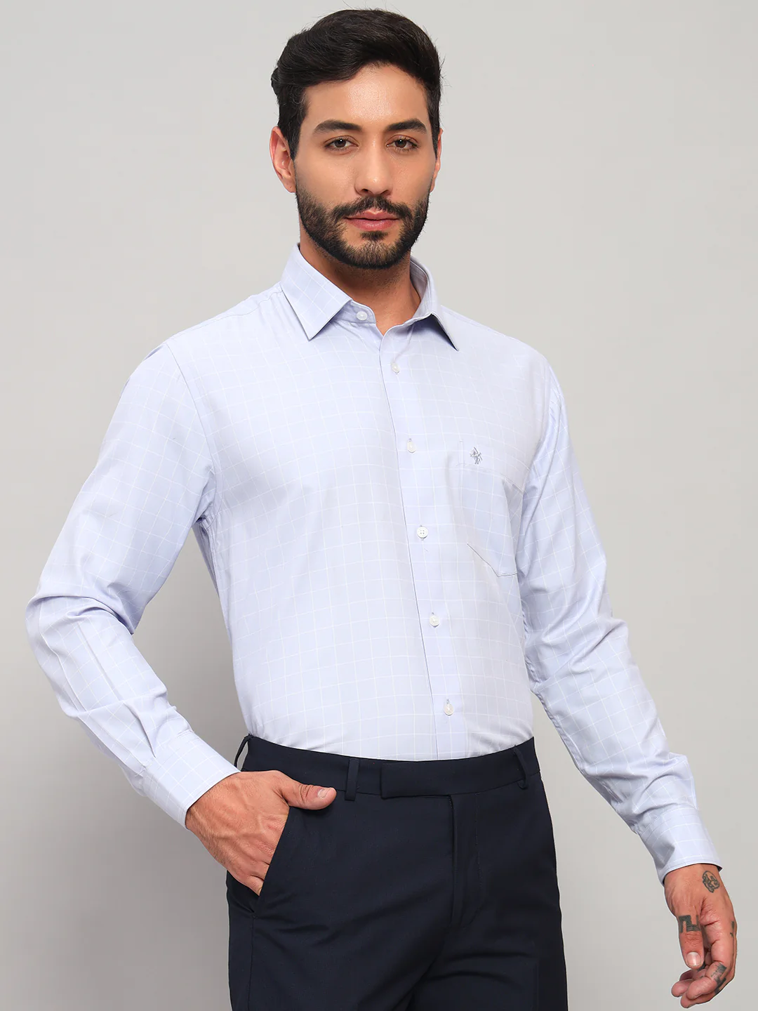 Formal Shirt for Men l Breathable & Soft with Color Fastness Regular Fit Spread Collar Neck Cotton Blend Fabric Checkered Pattern - Image 5