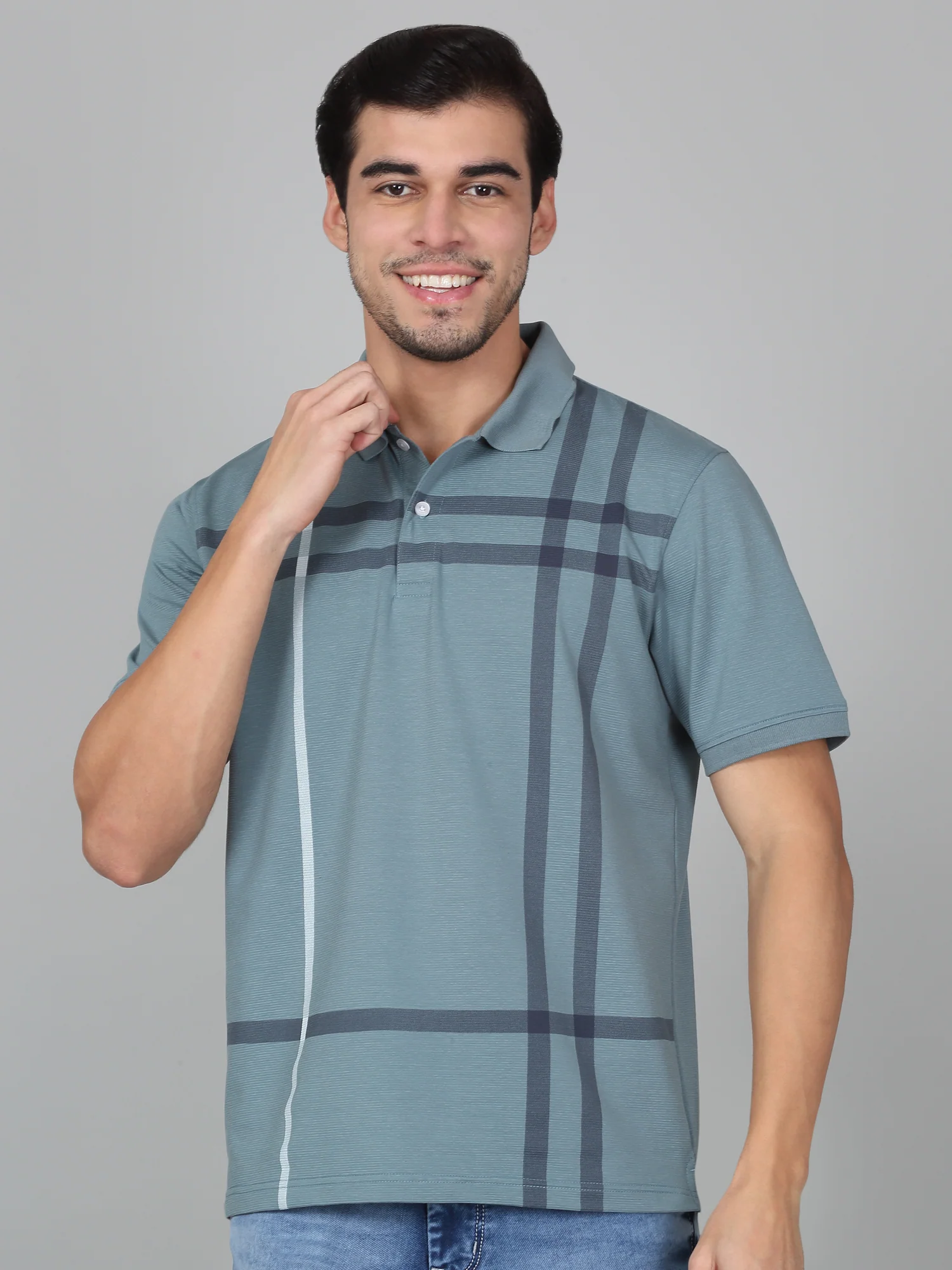 T-Shirt for Men | Breathable & Soft with Color Fastness Regular Fit Polo Neck Cotton Blend Fabric Checkered Pattern - Image 2