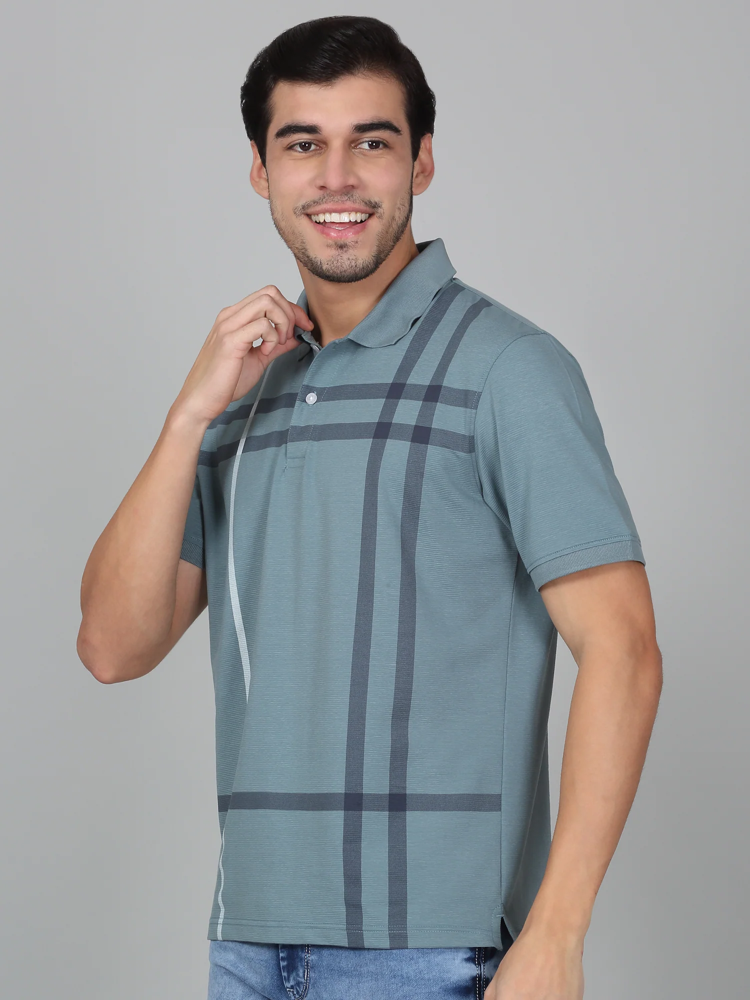 T-Shirt for Men | Breathable & Soft with Color Fastness Regular Fit Polo Neck Cotton Blend Fabric Checkered Pattern - Image 3