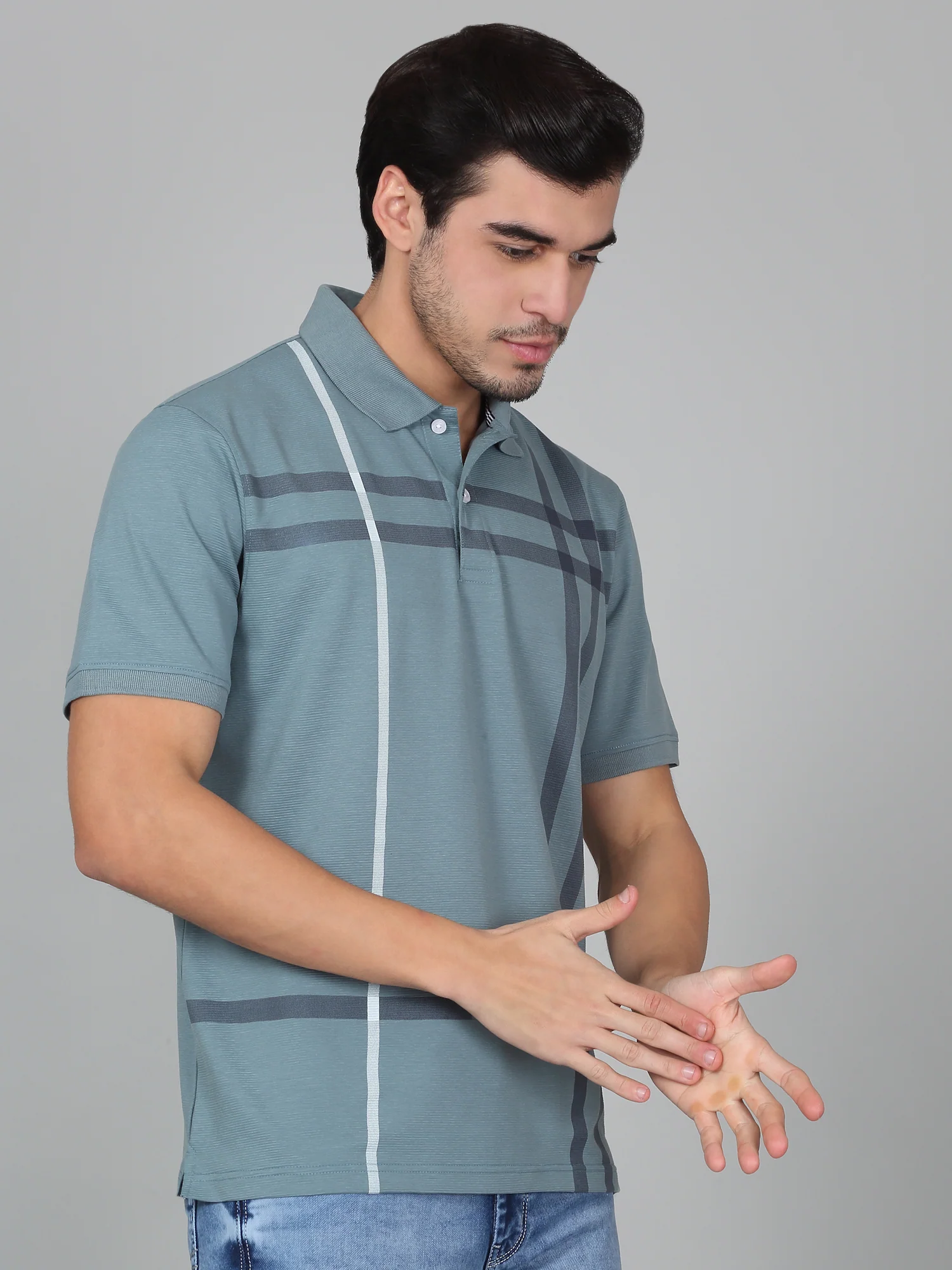 T-Shirt for Men | Breathable & Soft with Color Fastness Regular Fit Polo Neck Cotton Blend Fabric Checkered Pattern - Image 4