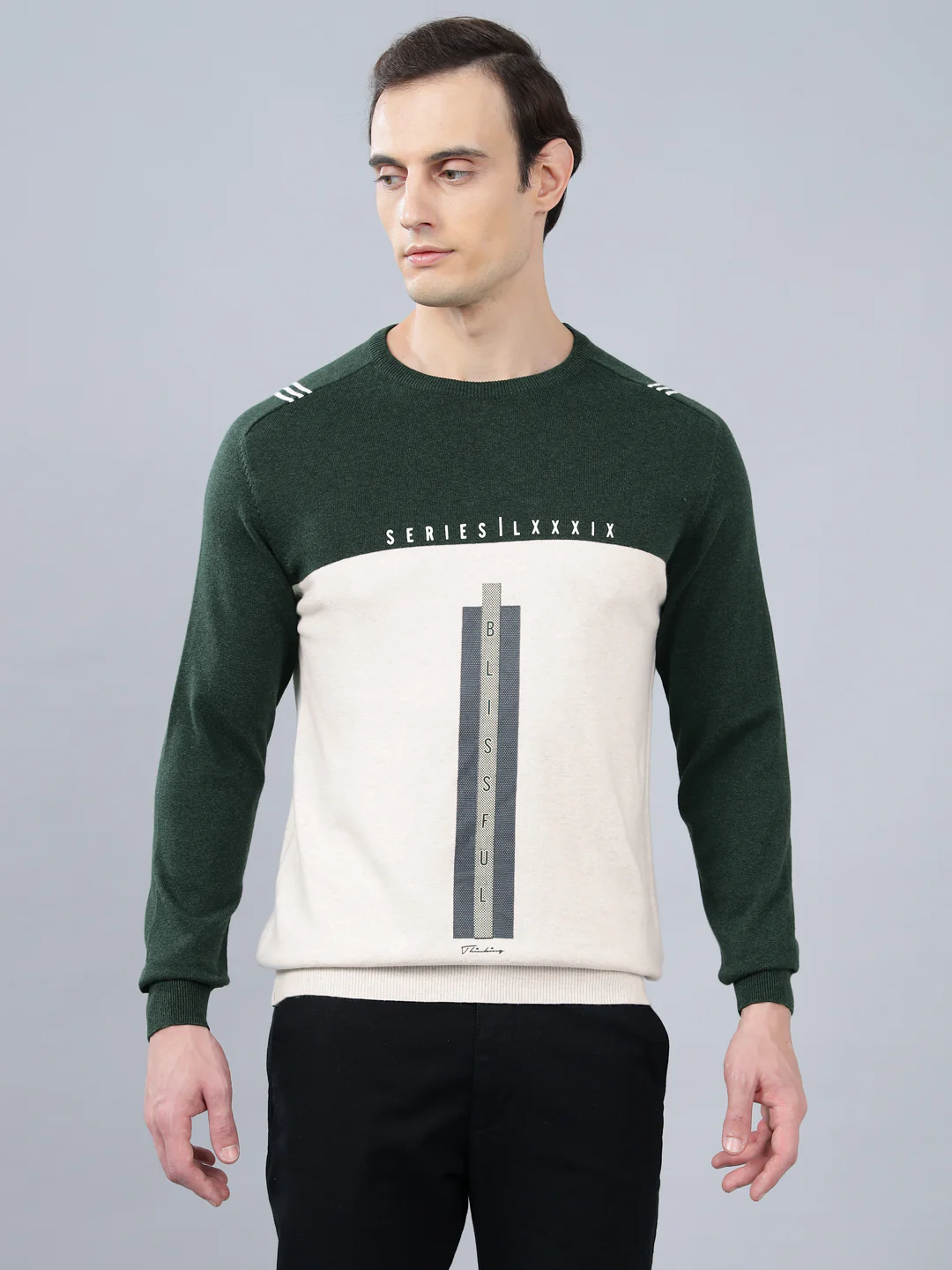 Men's Color Block Ecru Full Sleeve Sweater - Image 2