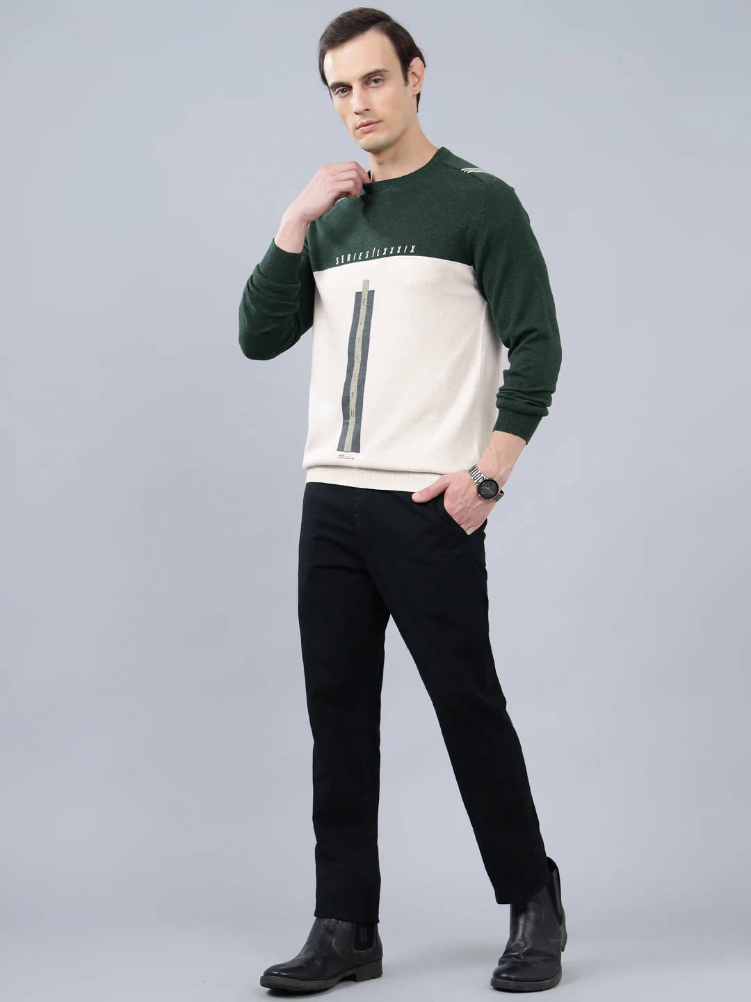 Men's Color Block Ecru Full Sleeve Sweater - Image 3
