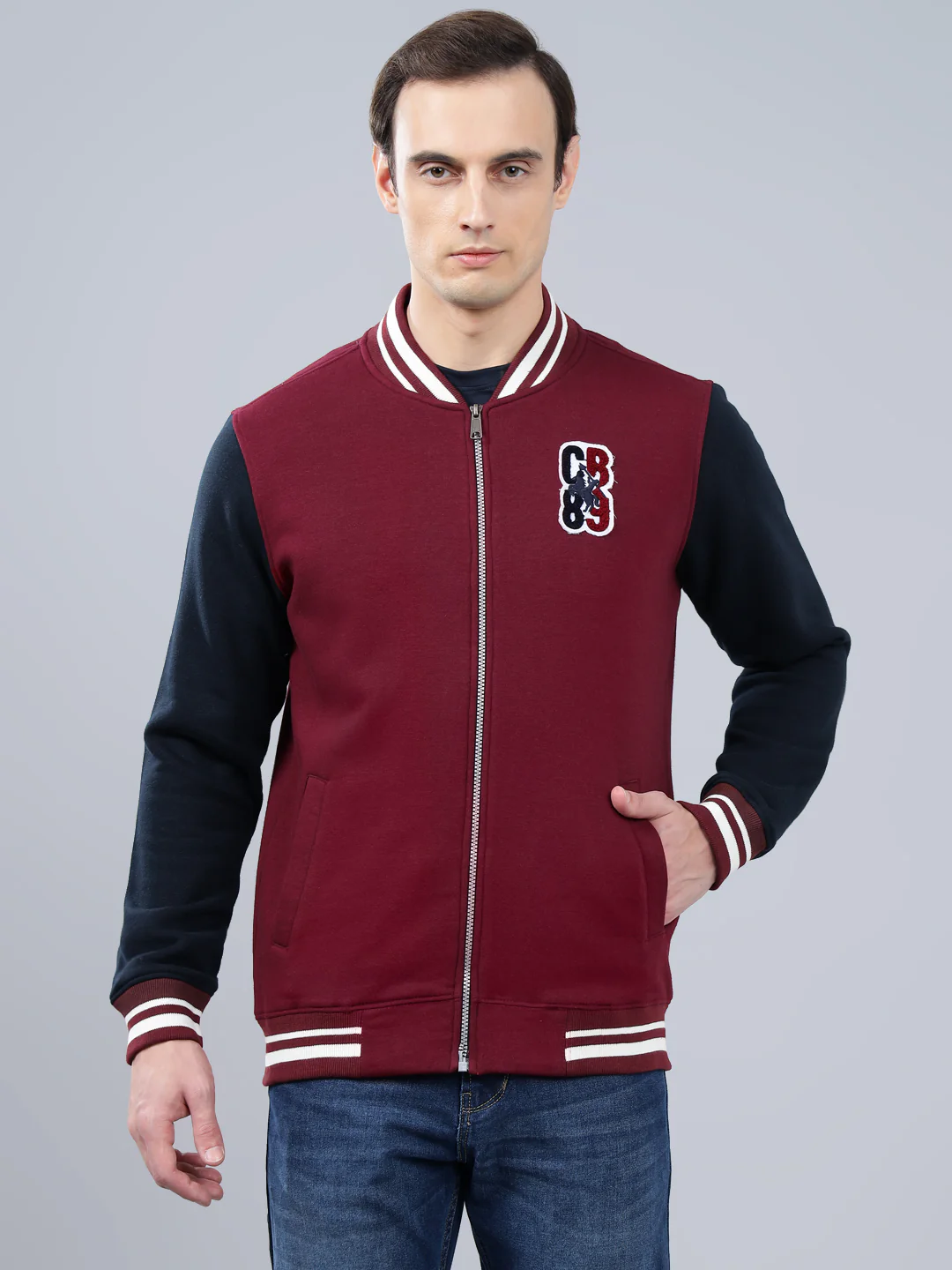 Men's Color Block Maroon Mock Collar Sweatshirt - Image 3