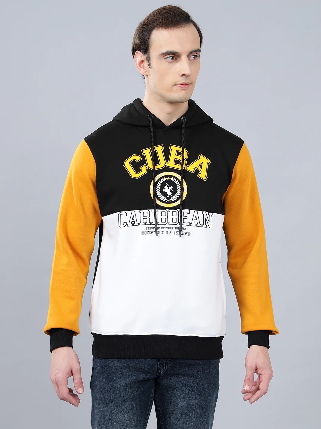 Men's Color Block Mustard Hoody Neck Sweatshirt - Image 3