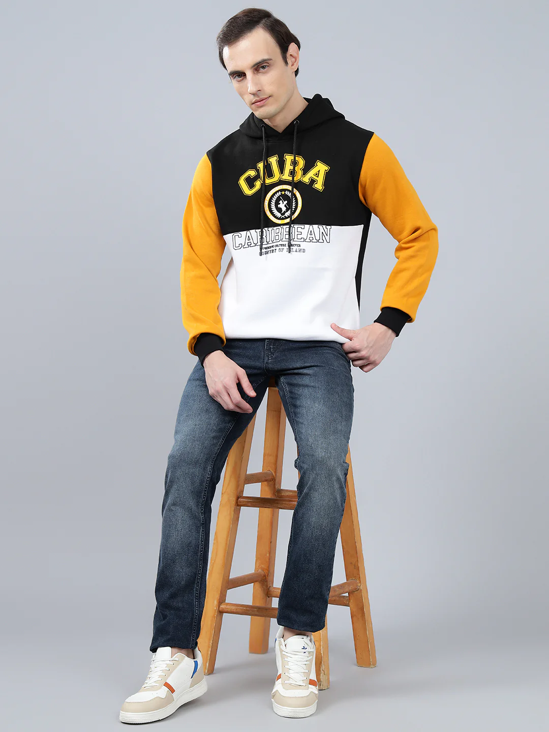 Men's Color Block Mustard Hoody Neck Sweatshirt - Image 4