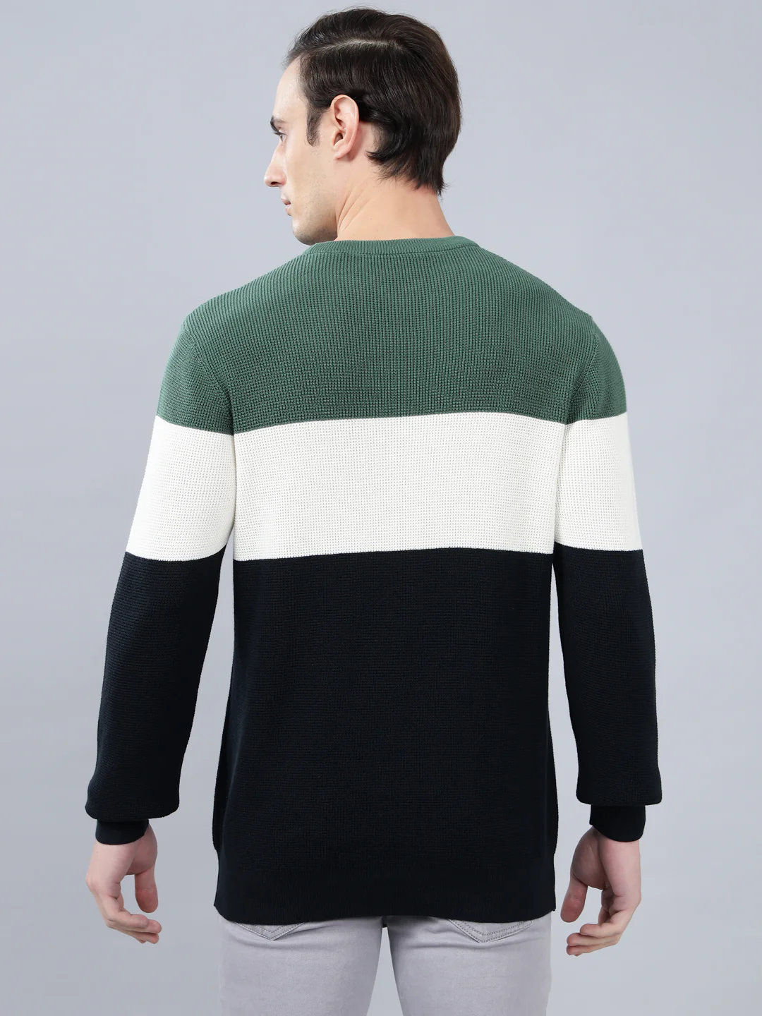 Men's Color Block Navy Blue Full Sleeve Sweater - Image 2
