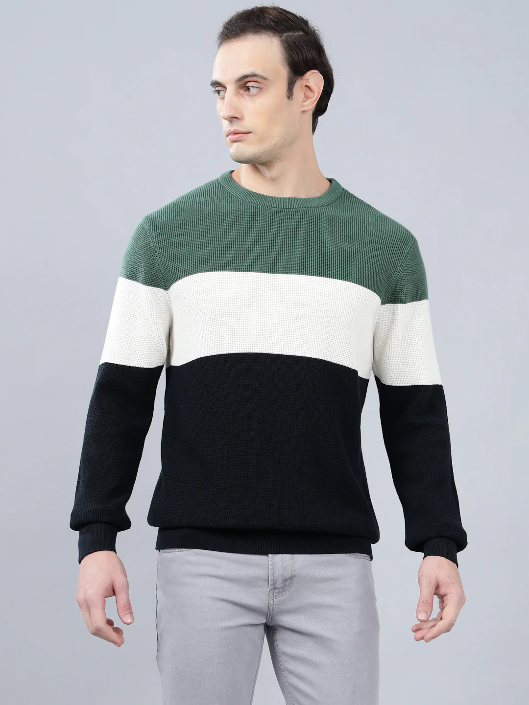 Men's Color Block Navy Blue Full Sleeve Sweater - Image 3