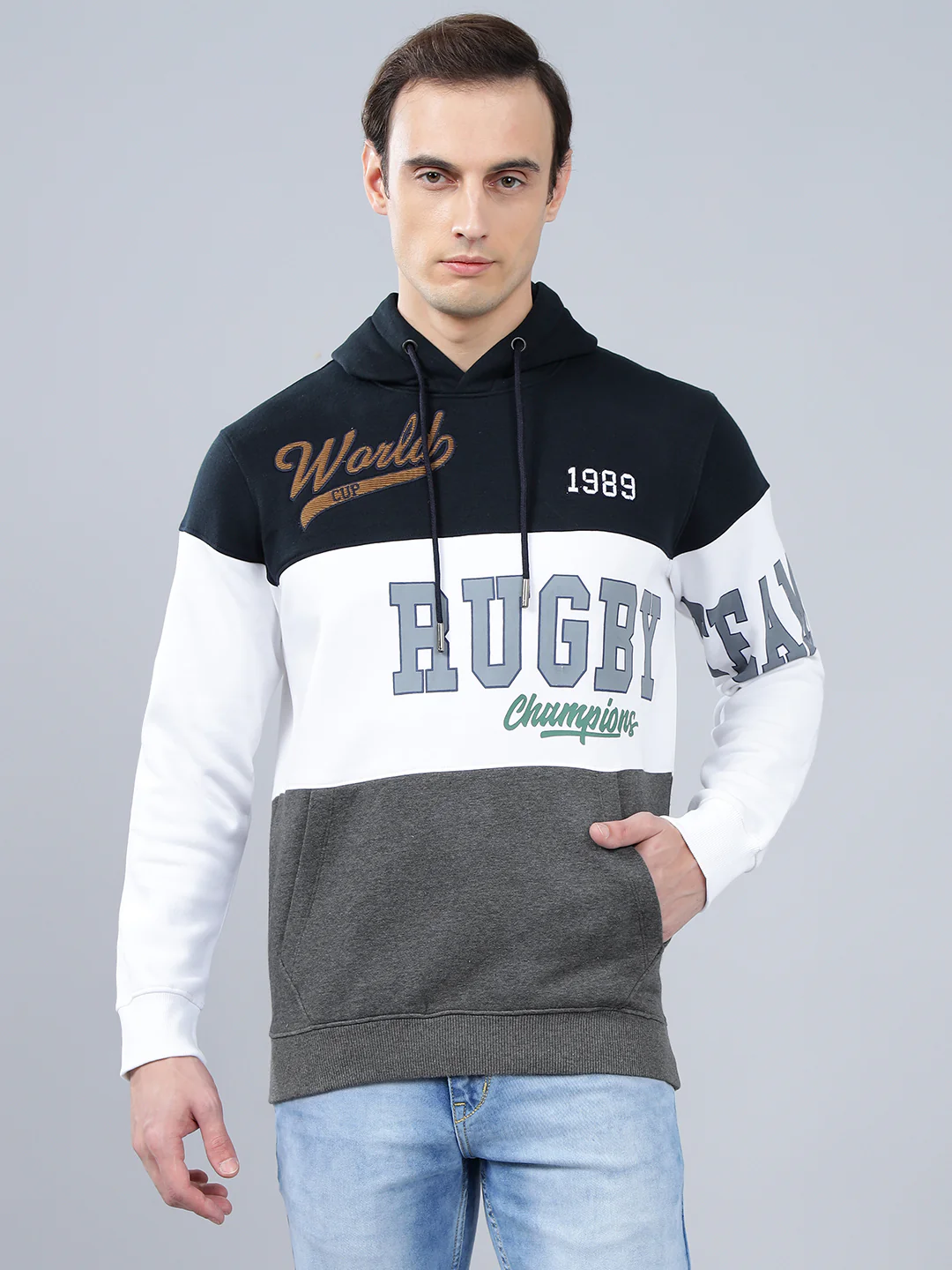 Men's Color Block Navy Blue Hoody Neck Sweatshirt - Image 2
