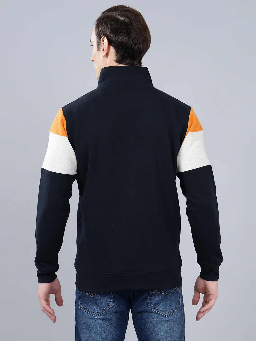 Men's Color Block Navy Blue Mock Collar Sweatshirt - Image 2