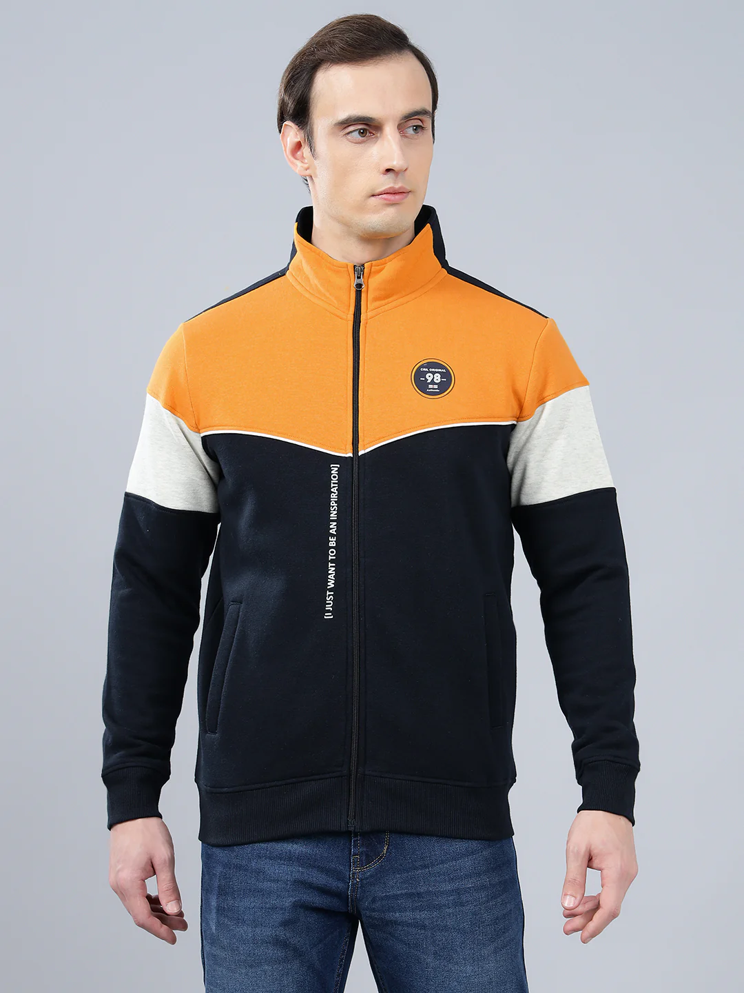 Men's Color Block Navy Blue Mock Collar Sweatshirt - Image 3