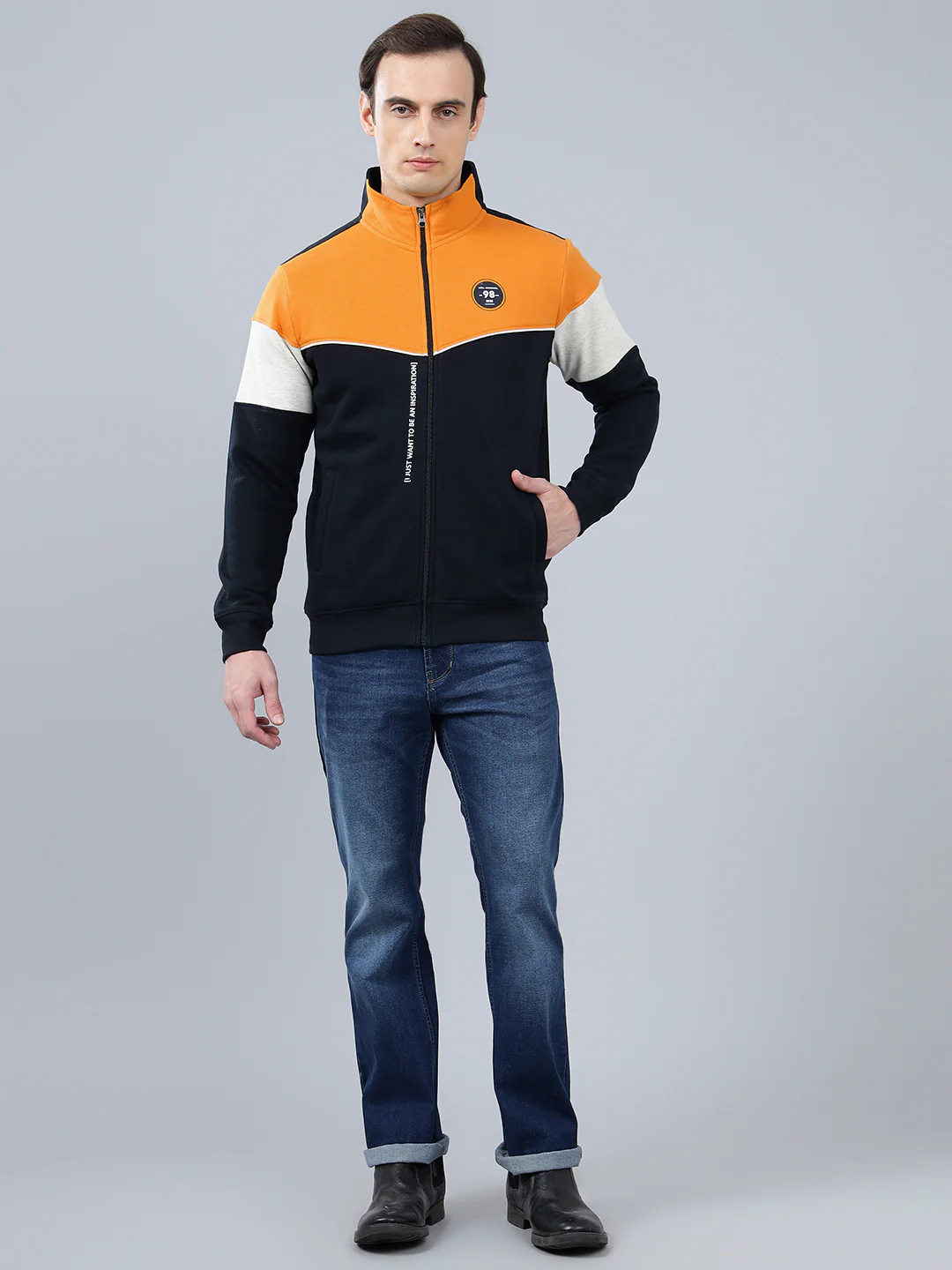 Men's Color Block Navy Blue Mock Collar Sweatshirt - Image 4