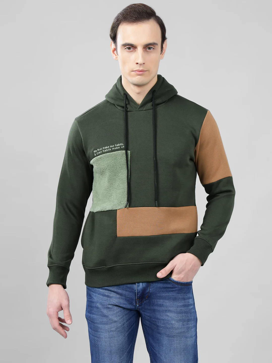 Men's Color Block Olive Green Hoody Neck Sweatshirt - Image 3