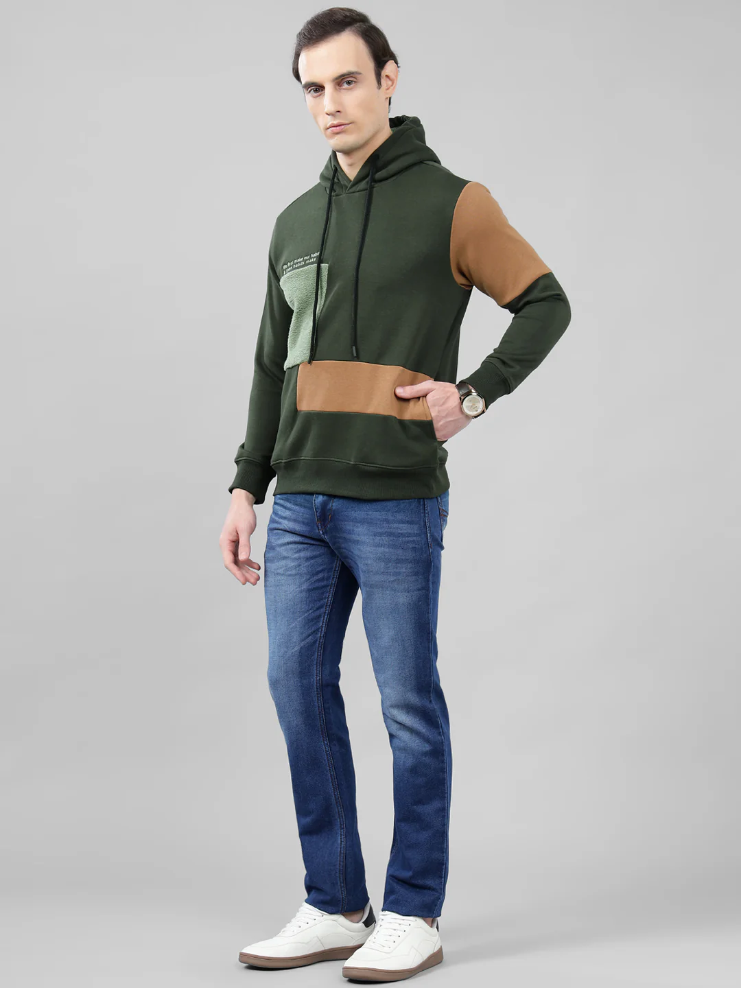 Men's Color Block Olive Green Hoody Neck Sweatshirt - Image 4