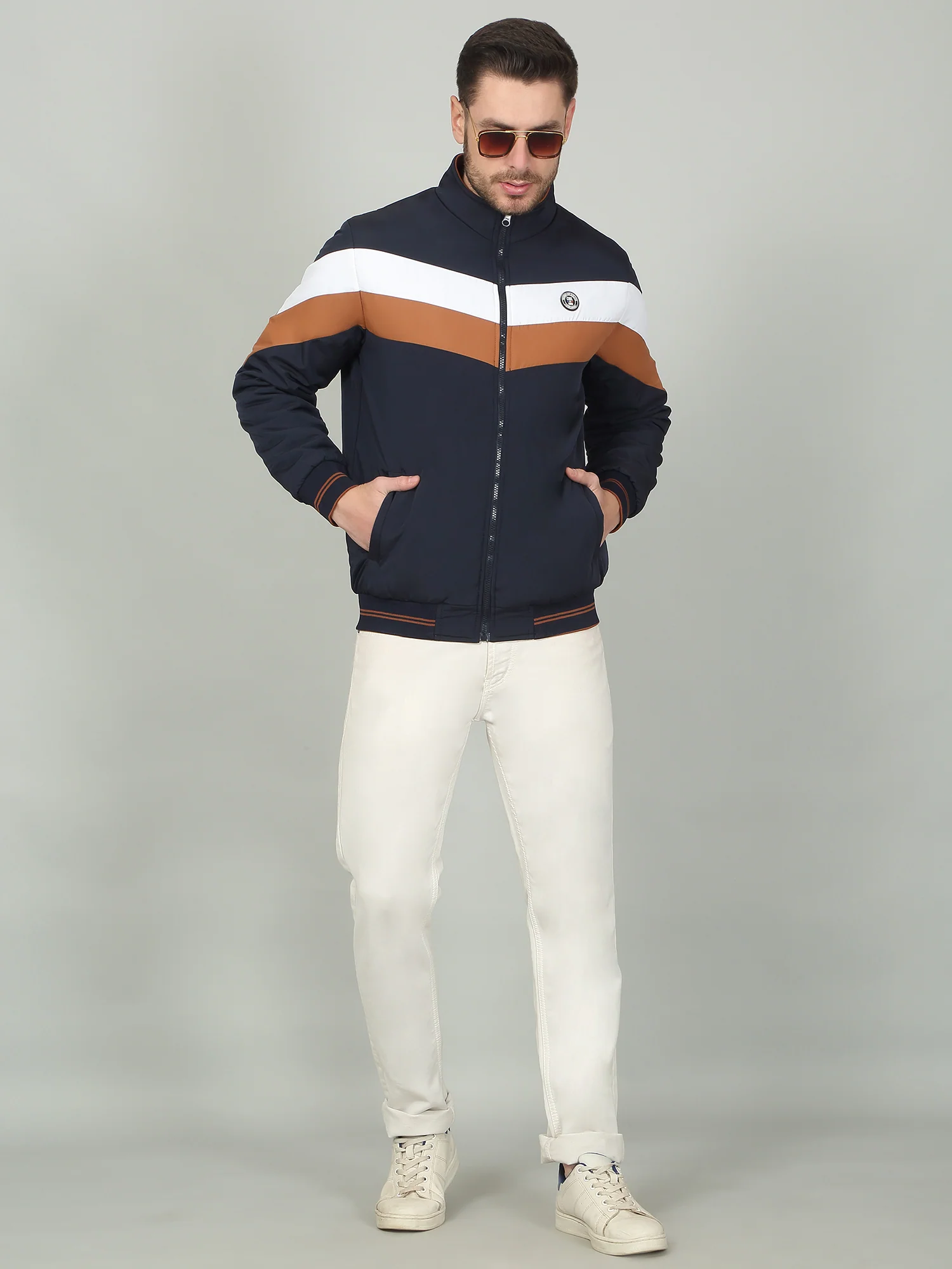 Men's Colorblock Navy Mock Neck Reversible Jacket - Image 3