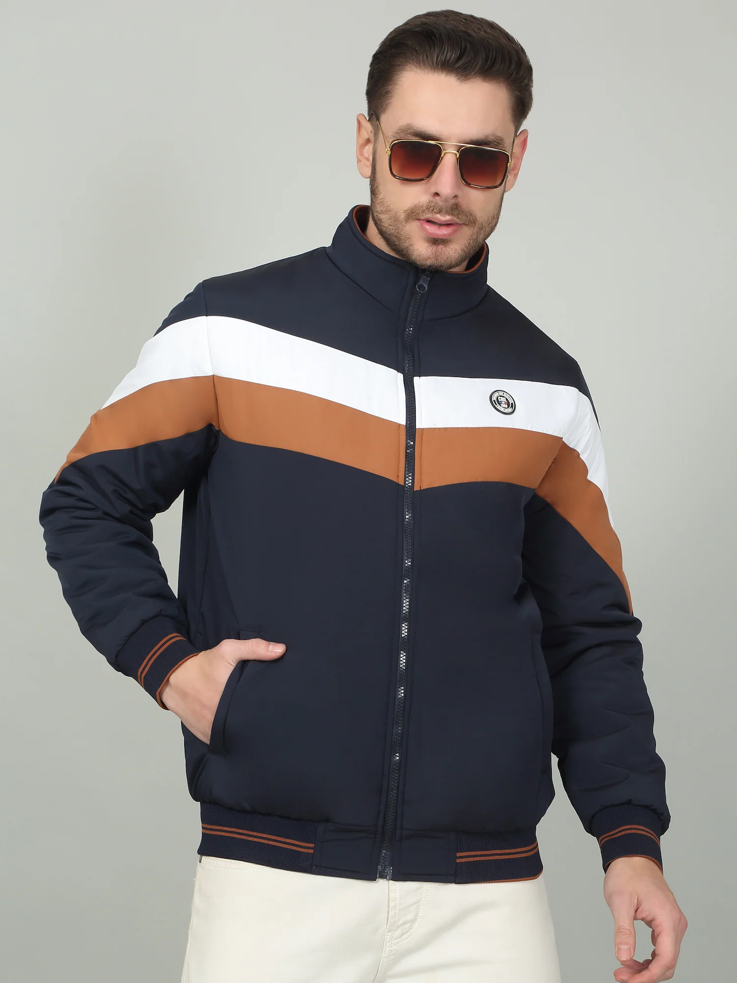 Men's Colorblock Navy Mock Neck Reversible Jacket - Image 4