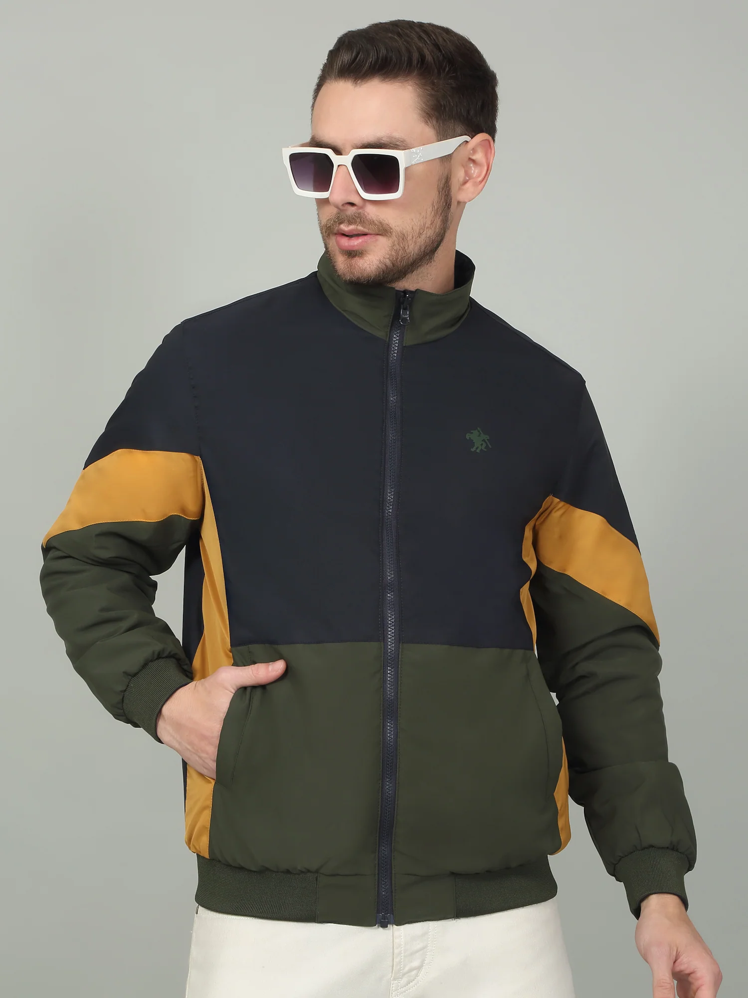 Men's Colorblock Navy Mock Neck Reversible Jacket - Image 4