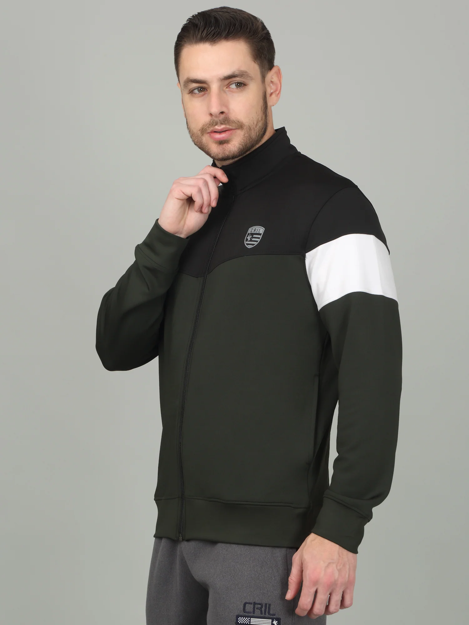 Men's Colorblock Olive Mock Neck Jacket - Image 3