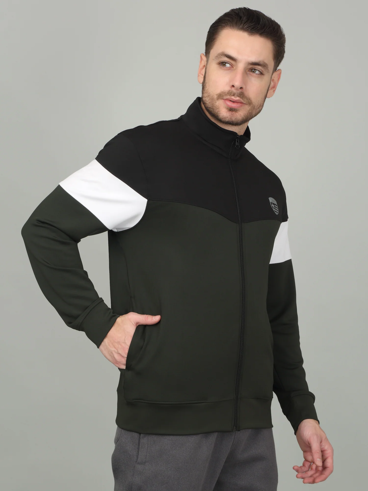 Men's Colorblock Olive Mock Neck Jacket - Image 4