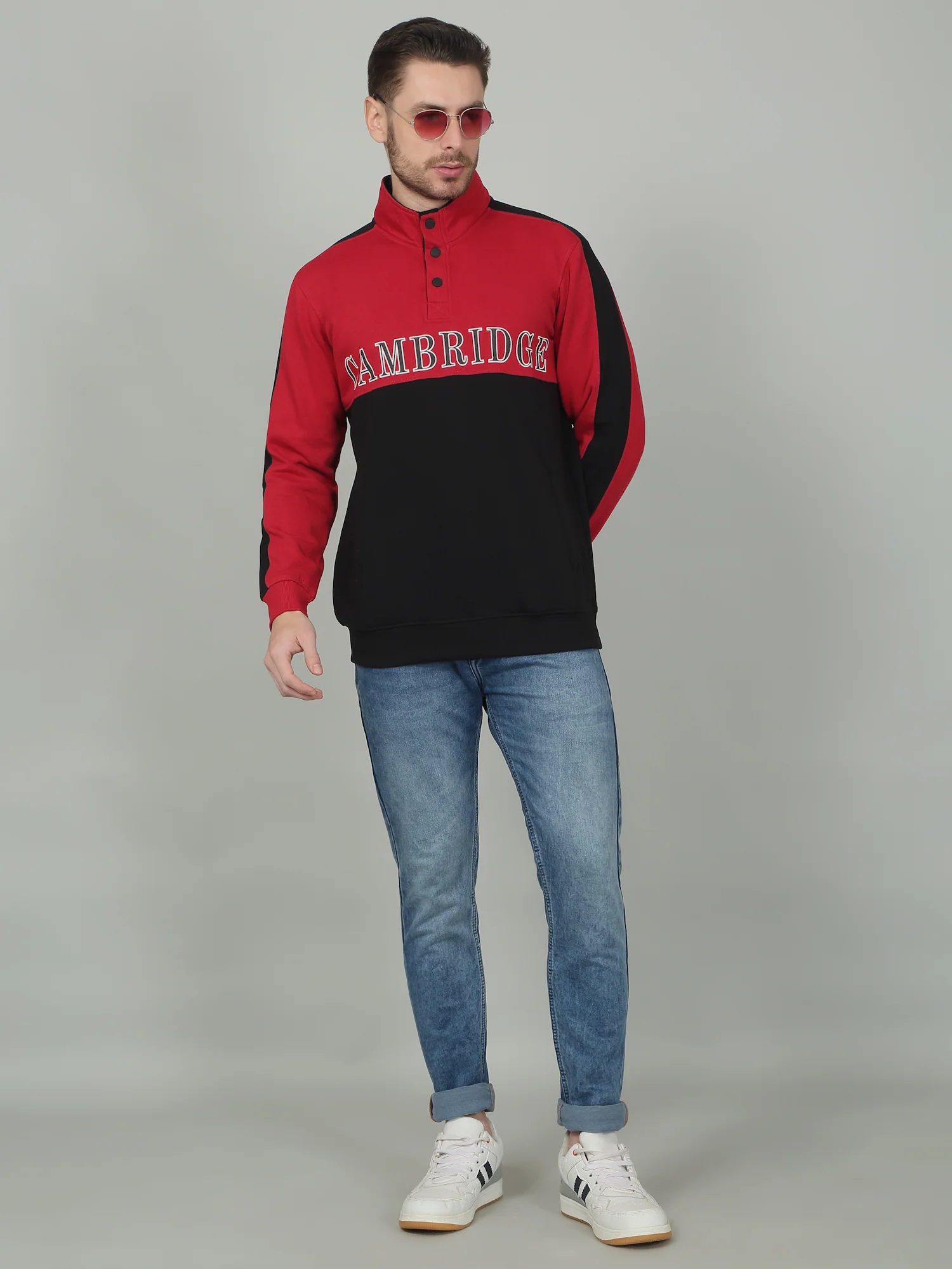 Men's Colorblock Red High Neck Sweatshirt - Image 2