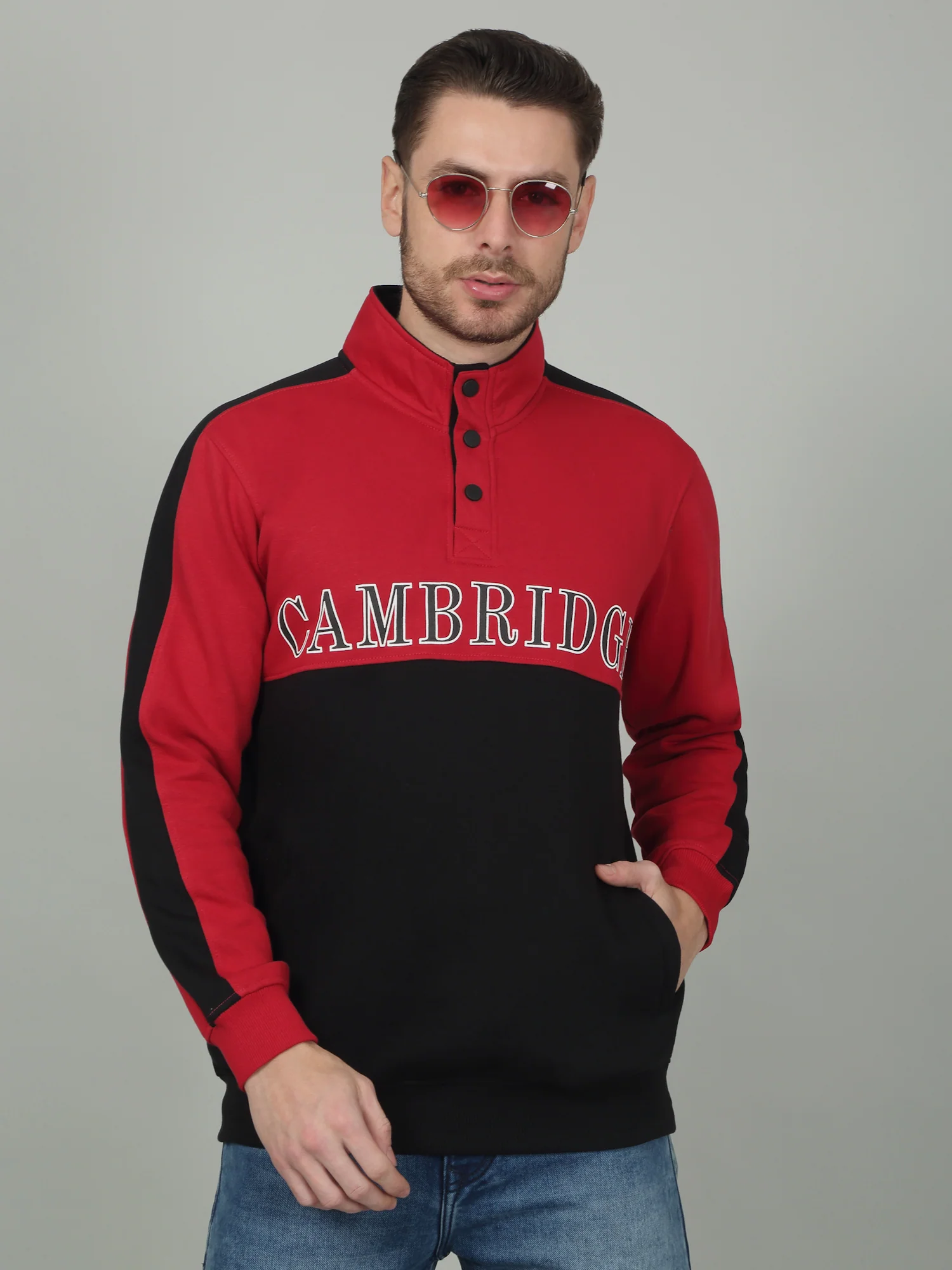 Men's Colorblock Red High Neck Sweatshirt - Image 3