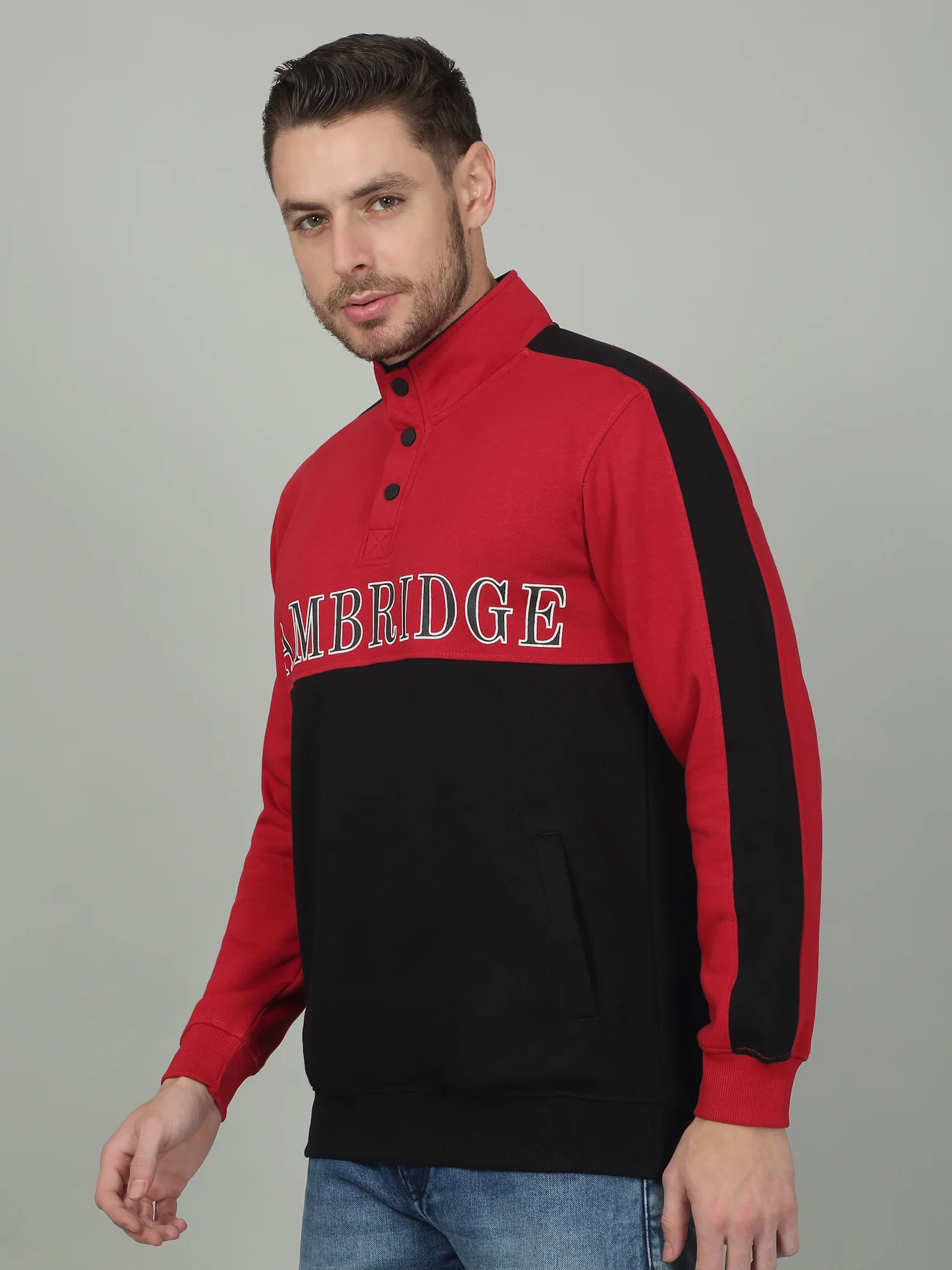Men's Colorblock Red High Neck Sweatshirt - Image 4