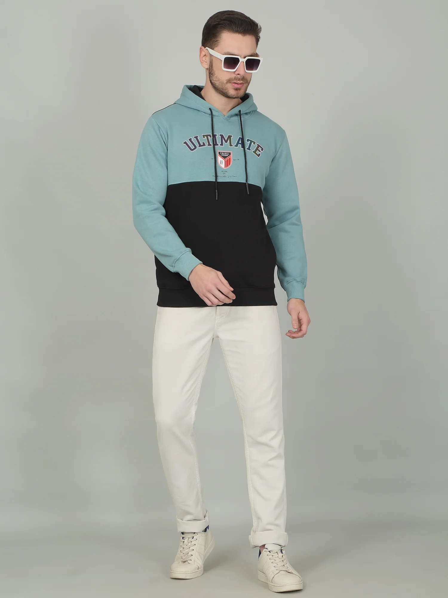 Men's Colorblock Teal Hooded Neck Sweatshirt - Image 2
