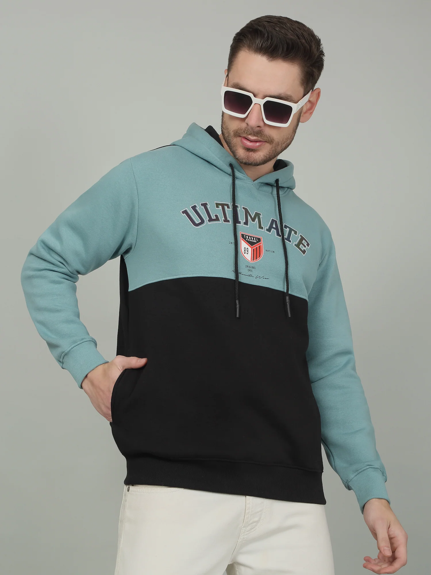 Men's Colorblock Teal Hooded Neck Sweatshirt - Image 3